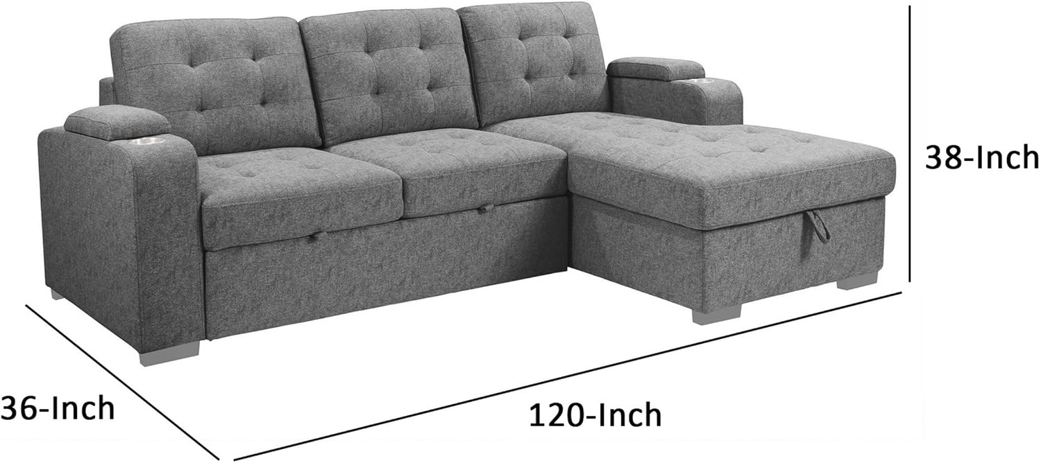 Benjara 120 Inch Sleeper Sectional Sofa Bed with Storage, Modern Tufted Gray Fabric