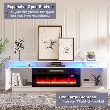 Amerlife Fireplace TV Stand with 36in Fireplace, 70in Modern High Gloss Entertainment Center LED Lights, 2 Tier Console Cabinet for TVs Up to 80in, White