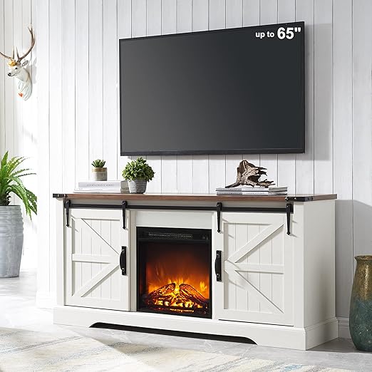 OKD Farmhouse Electric Fireplace TV Stand for 65+ Inch TV, Rustic Entertainment Center with 18