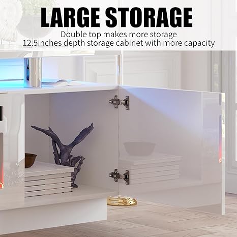 Amerlife Fireplace TV Stand with 36in Fireplace, 70in Modern High Gloss Entertainment Center LED Lights, 2 Tier Console Cabinet for TVs Up to 80in, White