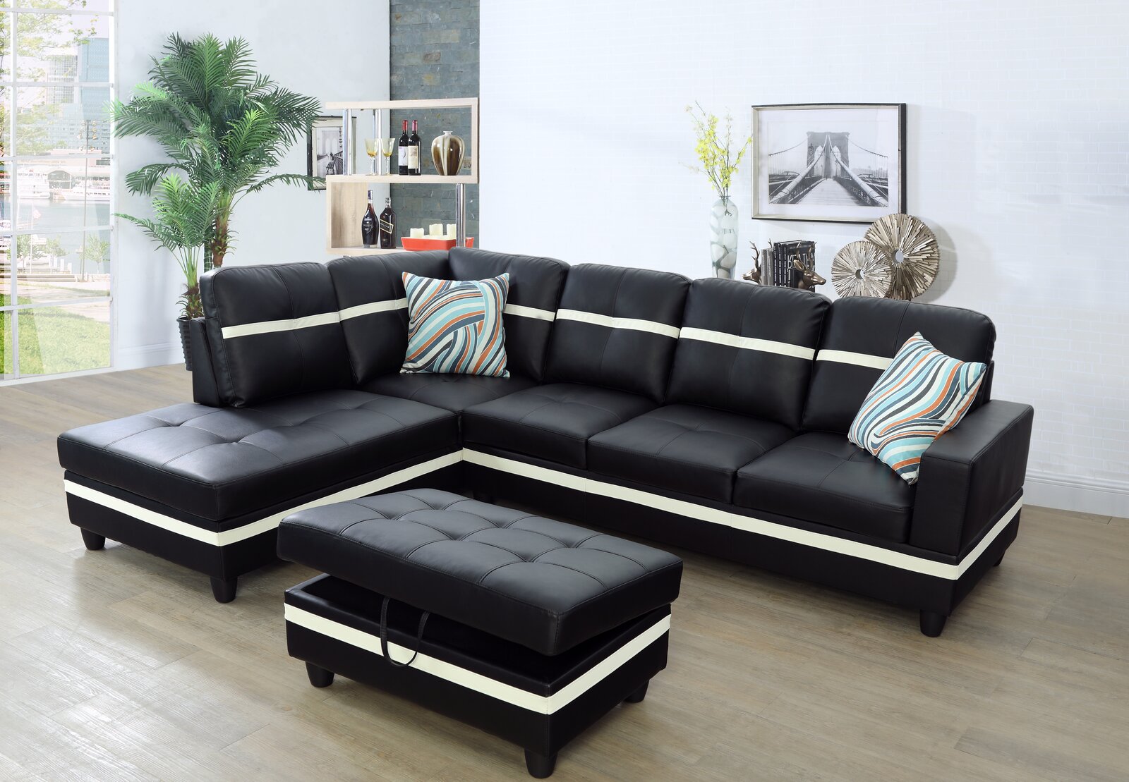 Wilhelmine 103.5′′ Wide Faux Leather Sofa & Chaise With Ottoman