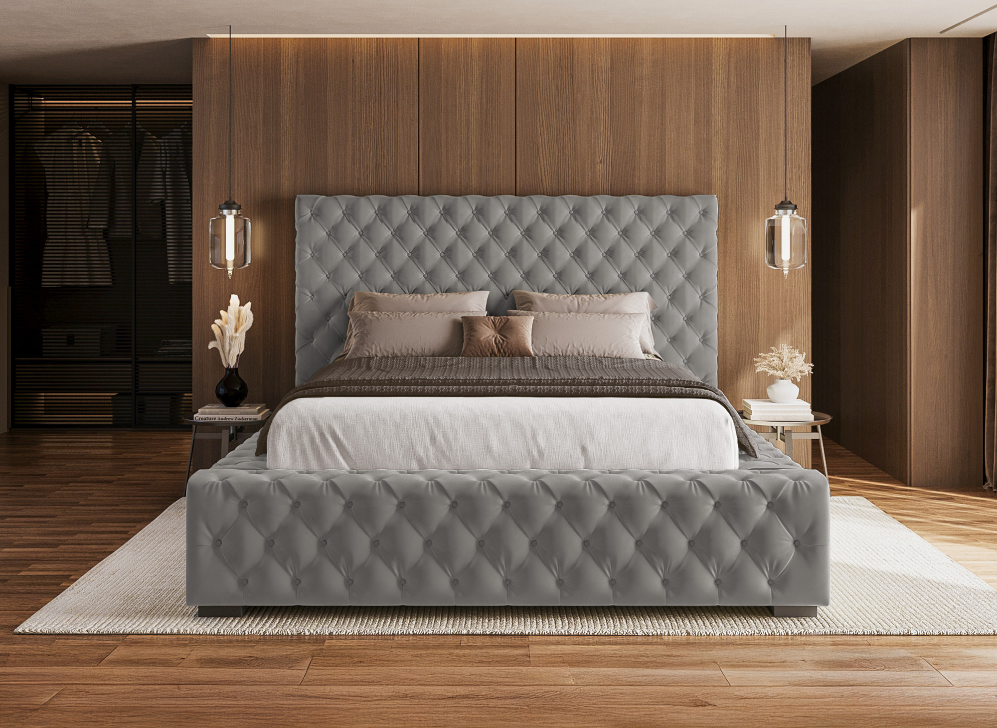 IDALINE grey velvet upholstered storage bed 160 x 200 cm