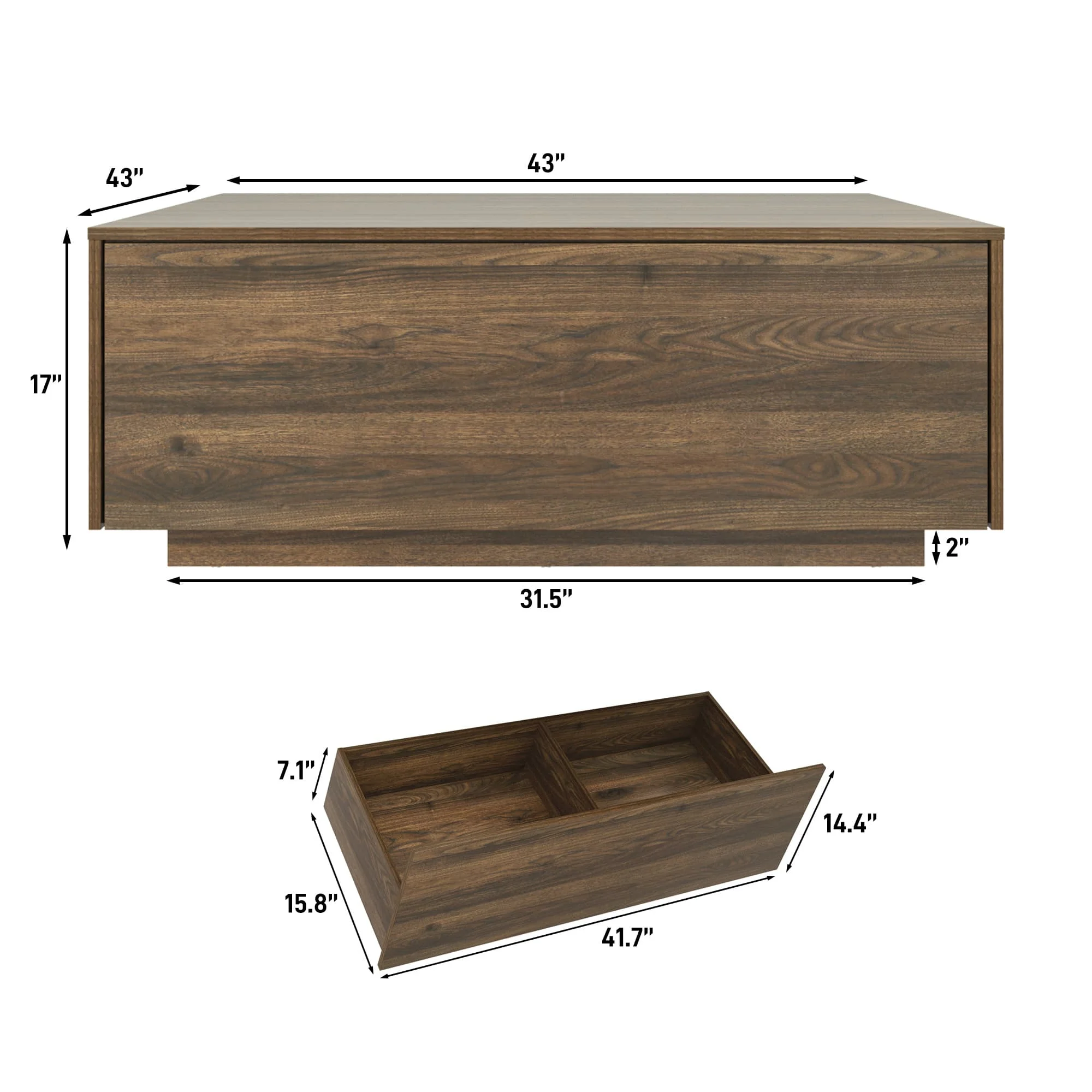 Blotout Square Coffee Table with 2 Large Drawers, 43