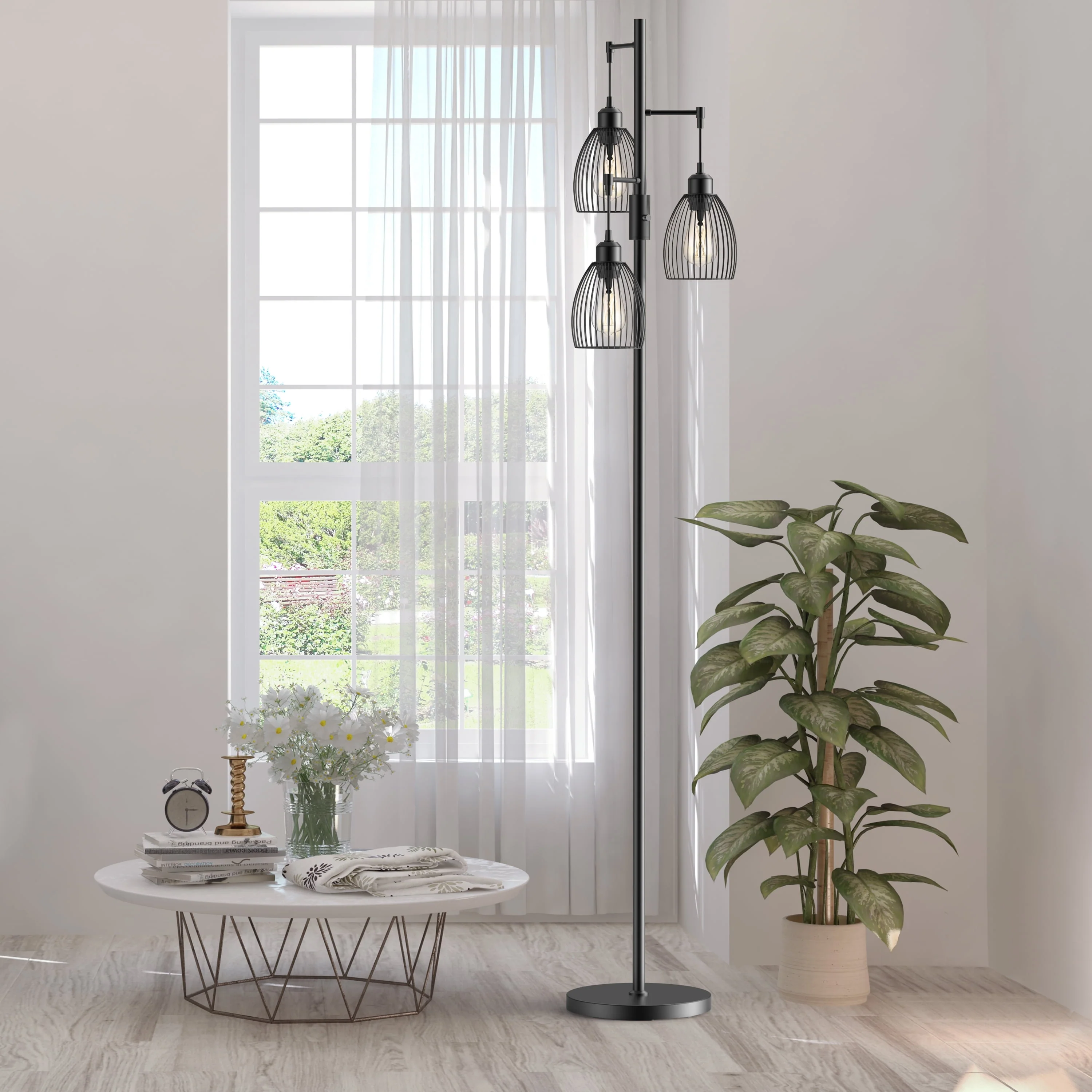 PAZZO 69 inch Three Head LED Metal Industrial Floor Lamp, Bright & Durable, with 3 Stepless Dimmable Bulb Included, Black