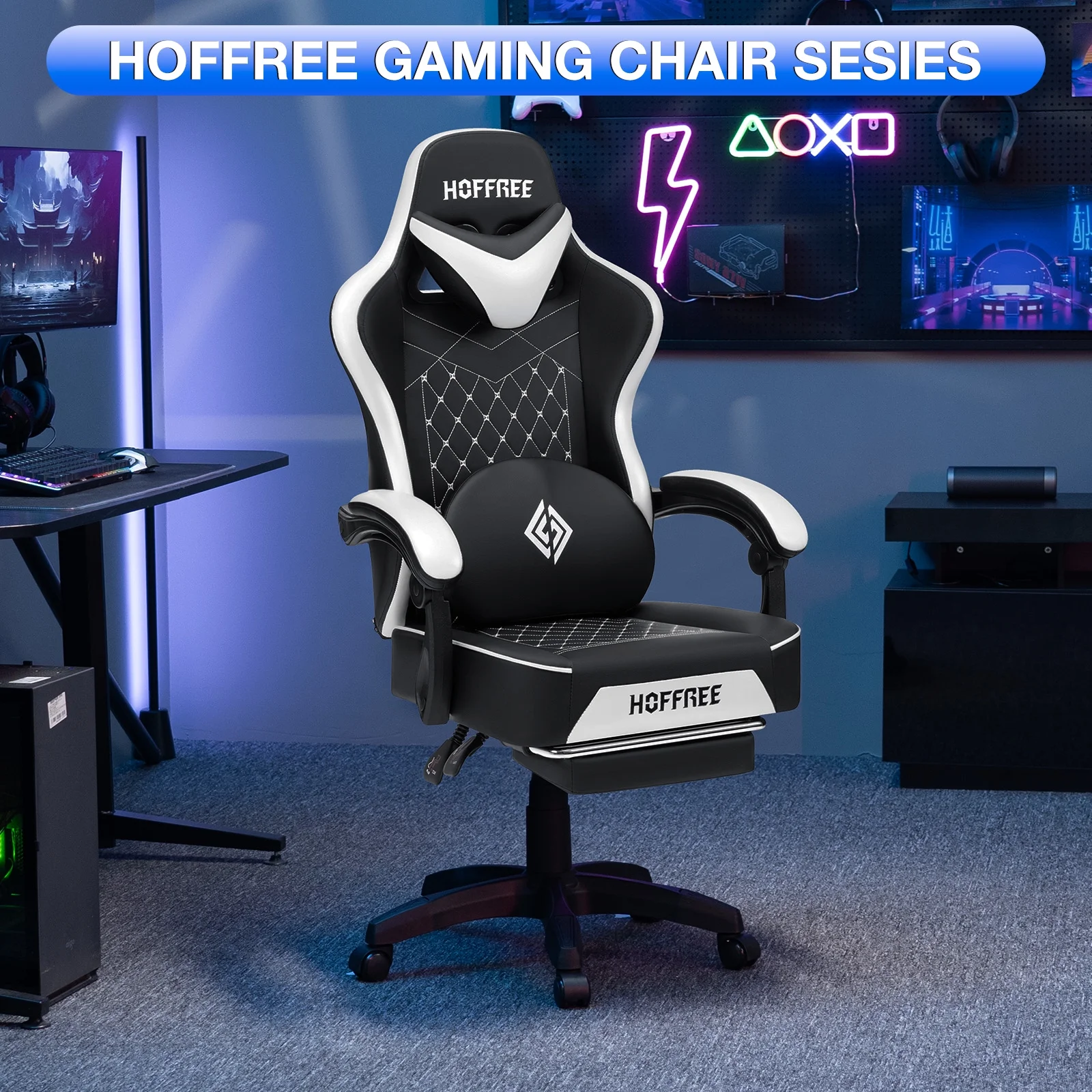 Hoffree Gaming Chair with Speakers PU Gamer Chair with footrest and massage Egonomic Computer Game Chair with Headrest and Lumbar Support for Adults and Office Gaming, 440 LBS