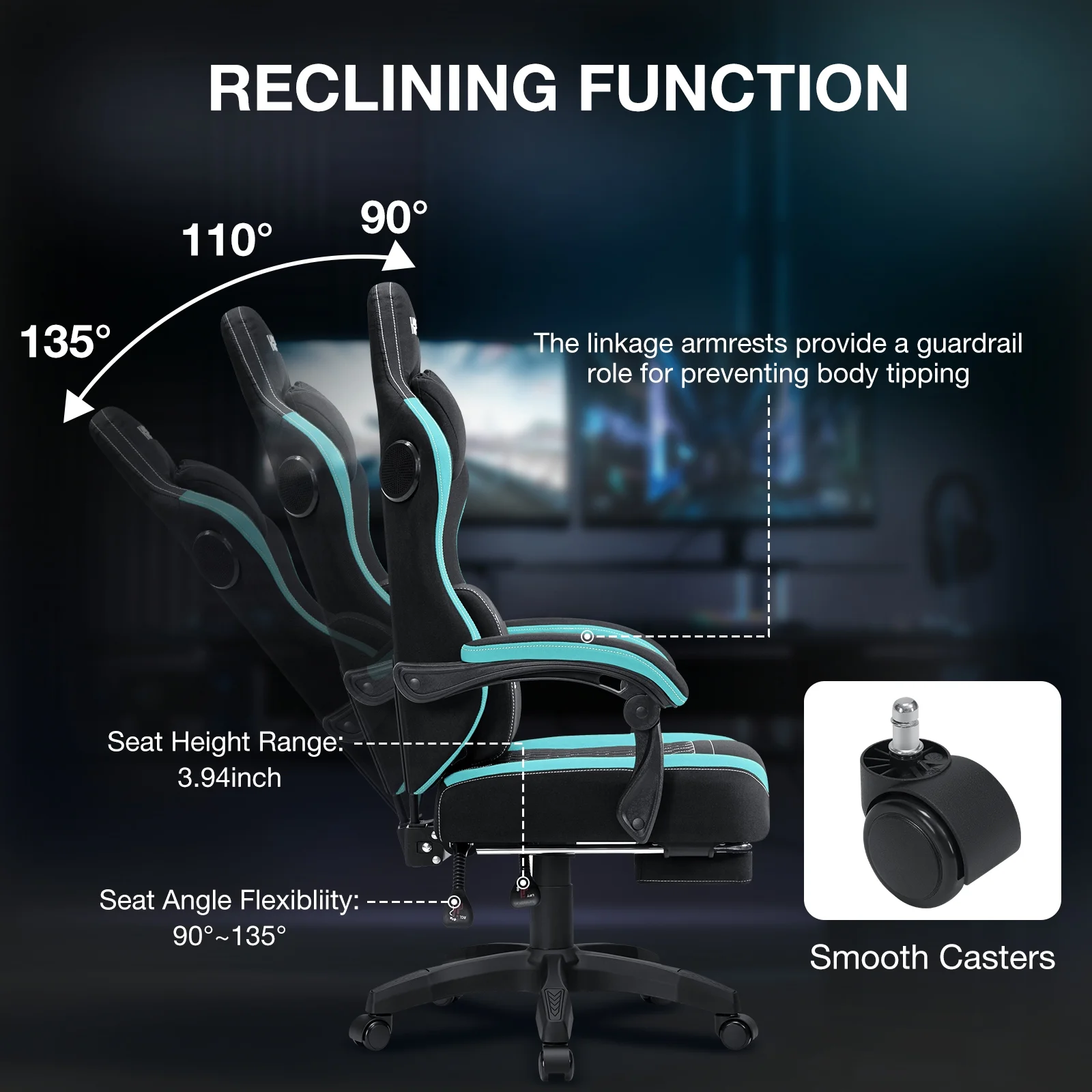 Hoffree Gaming Chair with Speakers Fabric Gamer Chair with footrest and massage Big and Tall Video Game Chair with Headrest and Lumbar Support for Adults