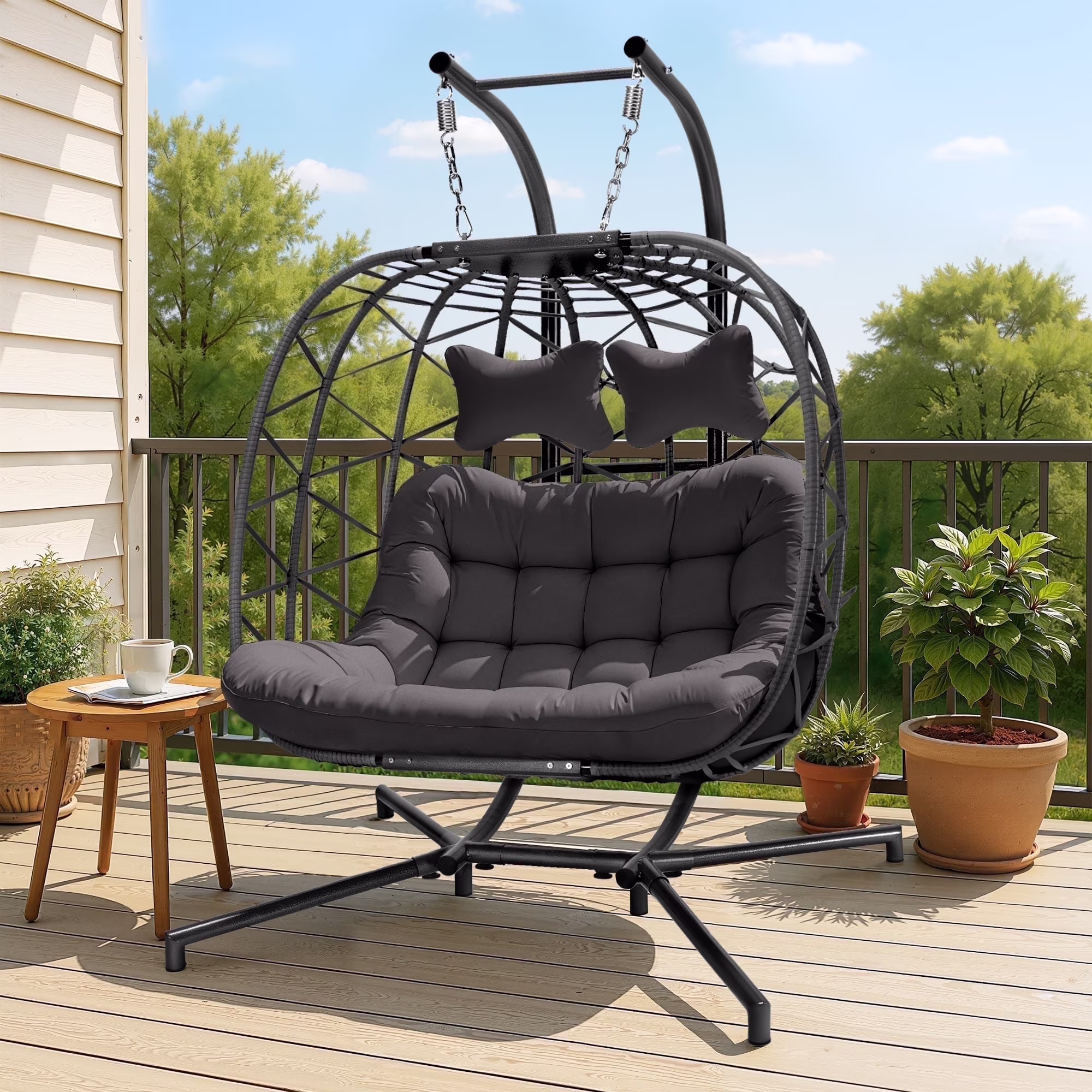 RADIATA Double Wicker Egg Swing Chair with Stand, 2-Person Hanging Egg Chair for Indoor/Outdoor, 700lbs Capacity, Thick Cushions & Headrest,Sturdy Metal Frame��Dark Gray