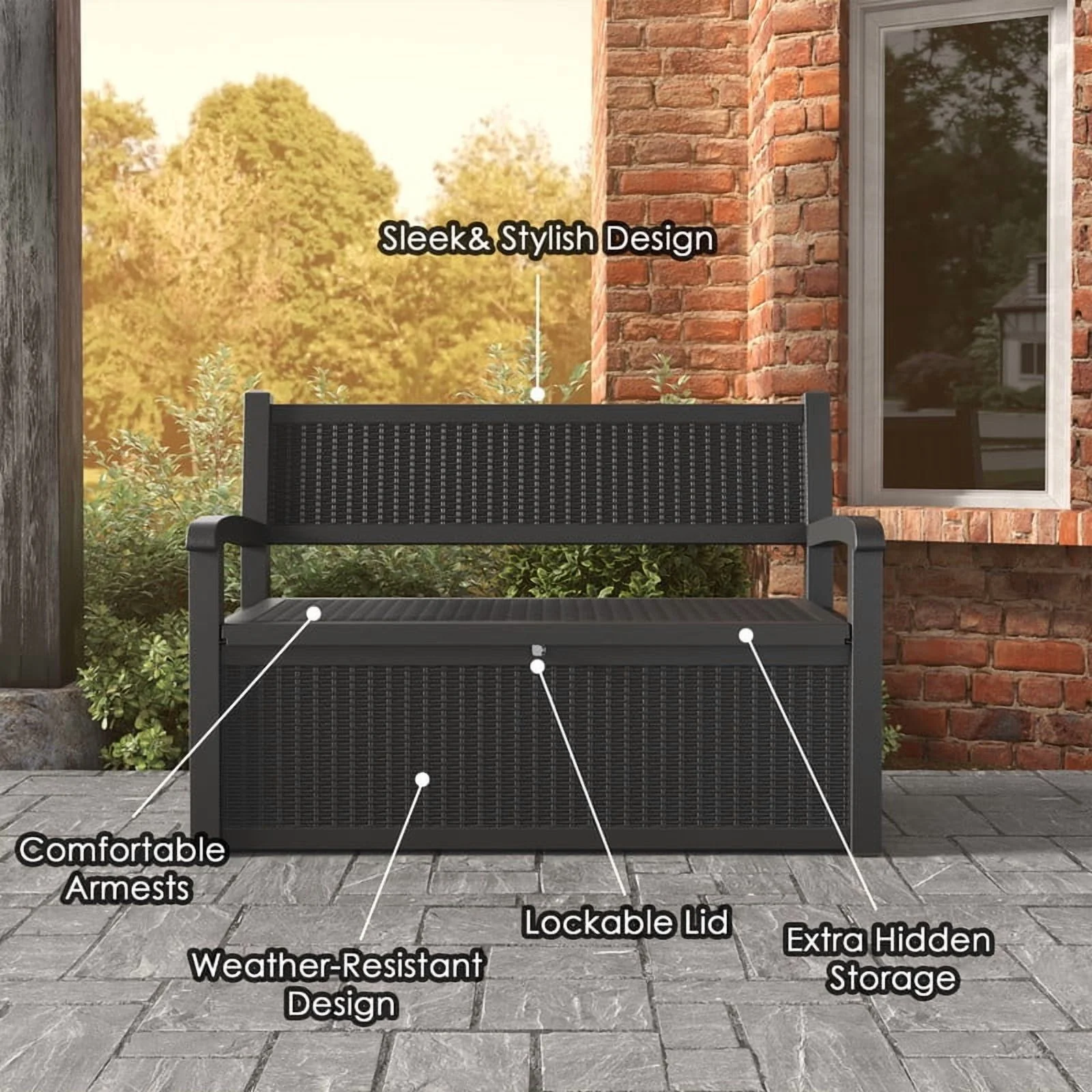 Bifanuo 70 Gallon Storage Bench Deck Box for Patio Furniture with Armrest Bench Outdoor Storage Water-Resistant Deck Box for Garden Tools,Pool Storage and Outdoor Cushions,Grey
