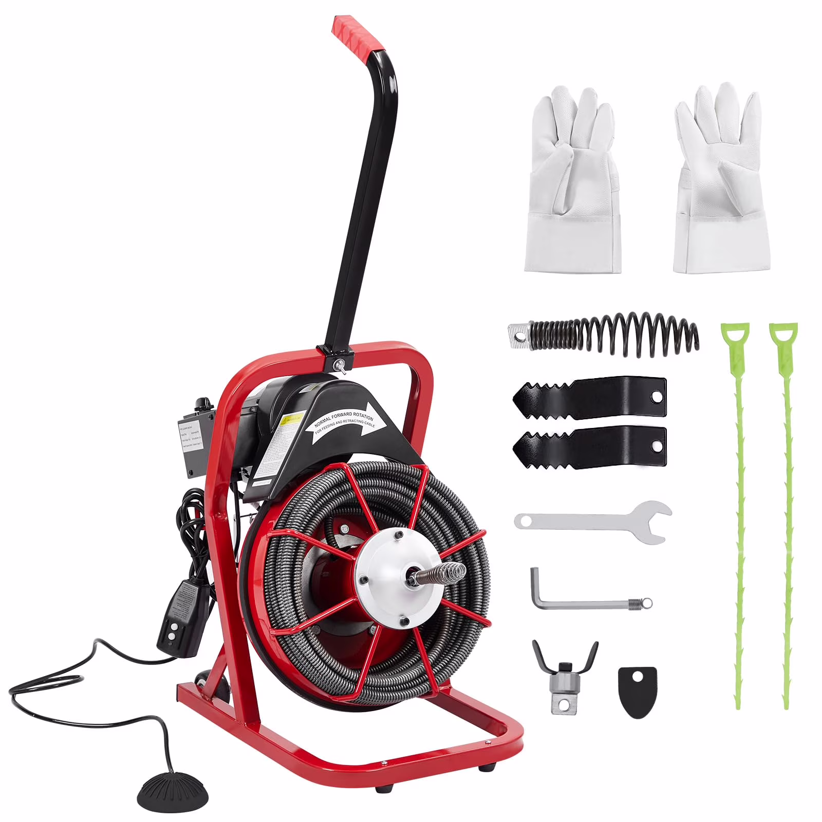 Electric Drain Cleaning Machine , Powerful Electric Auger, Sewer Snake with 4 Cutters, Air-Activated Foot Switch, and Wheels