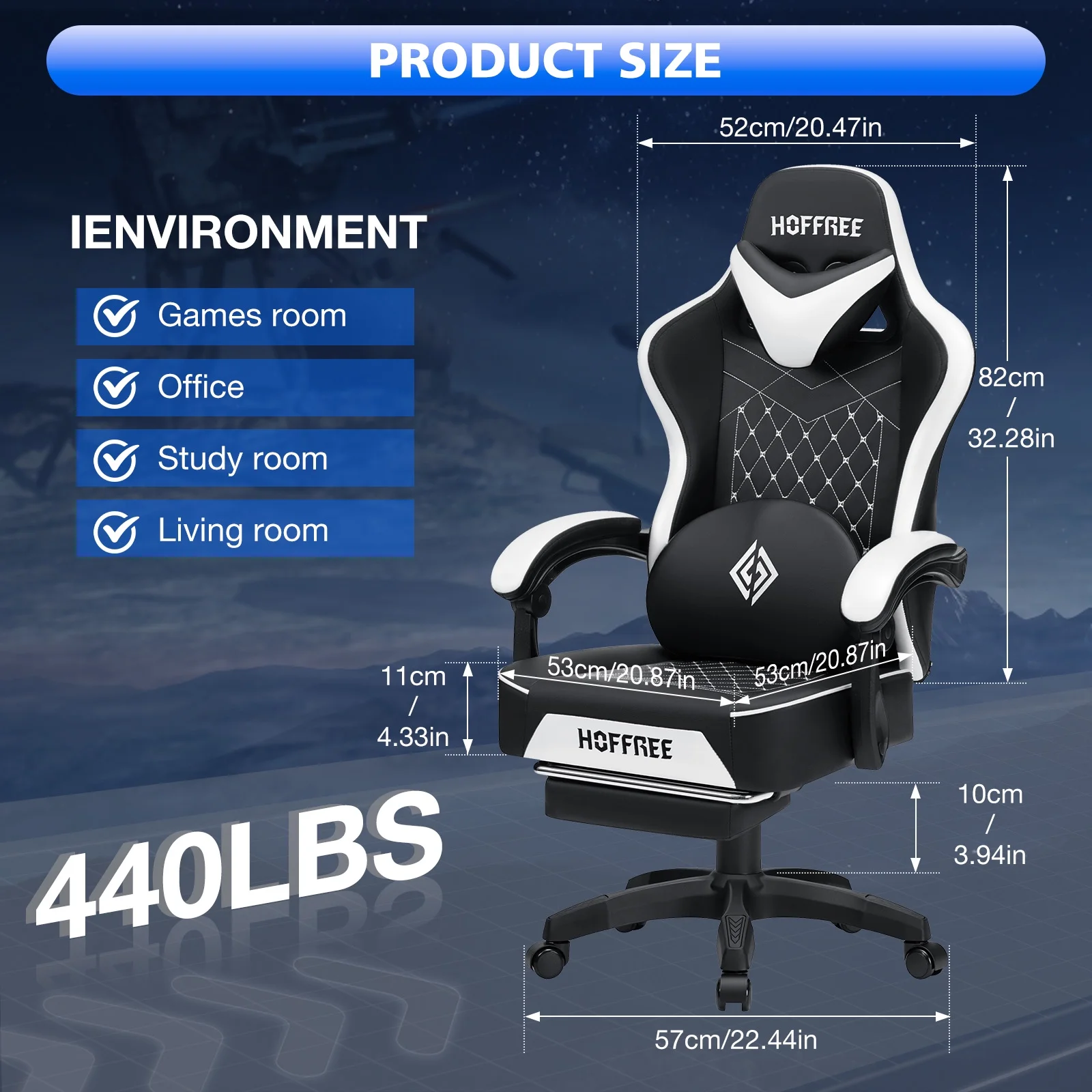 Hoffree Gaming Chair with Speakers PU Gamer Chair with footrest and massage Egonomic Computer Game Chair with Headrest and Lumbar Support for Adults and Office Gaming, 440 LBS