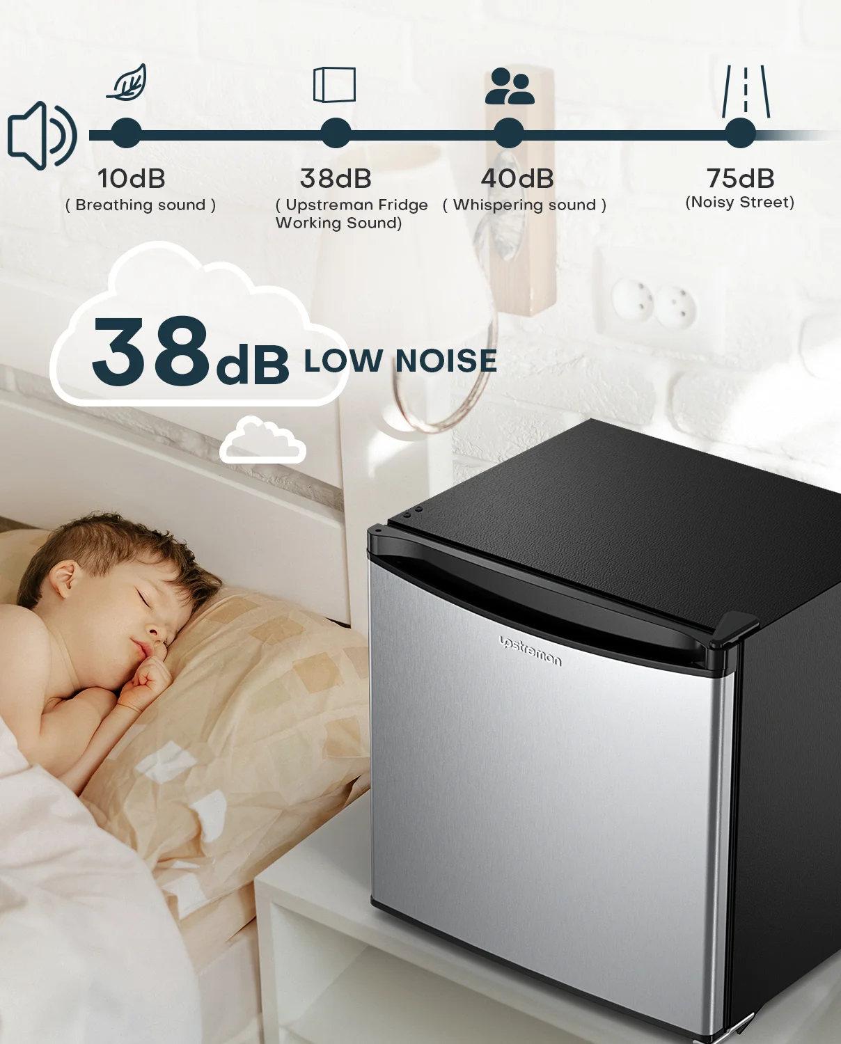 Upstreman 1.7 Cu ft Mini Fridge with Freezer Single Door Compact Refrigerator, Low Noise, Energy Saving, Adjustable Temperature, Reversible Door, for Home Office Dorm, Black FR17