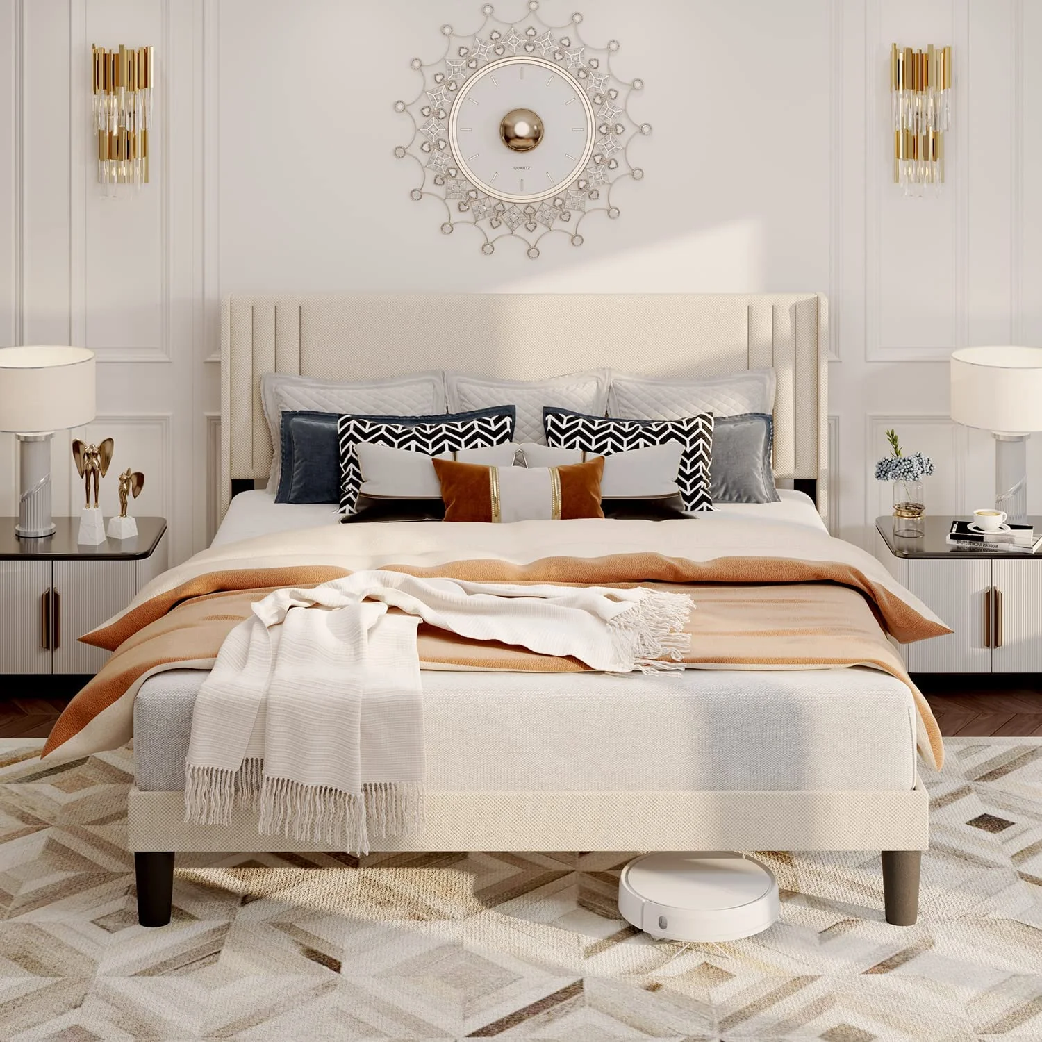 Bedroom Furniture Set,Lofka Queen Bed Frame, 2 Wood 4 Drawer Dressers &Vanity Desk with Table, Mirror and Lights for Large Bedrooms