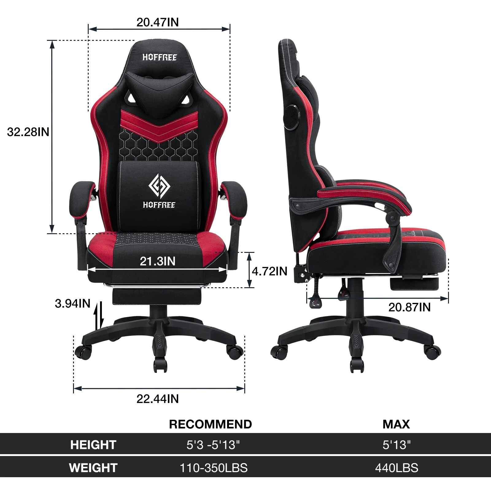 Hoffree Gaming Chair with Speakers Fabric Gamer Chair with footrest and massage Big and Tall Video Game Chair with Headrest and Lumbar Support for Adults