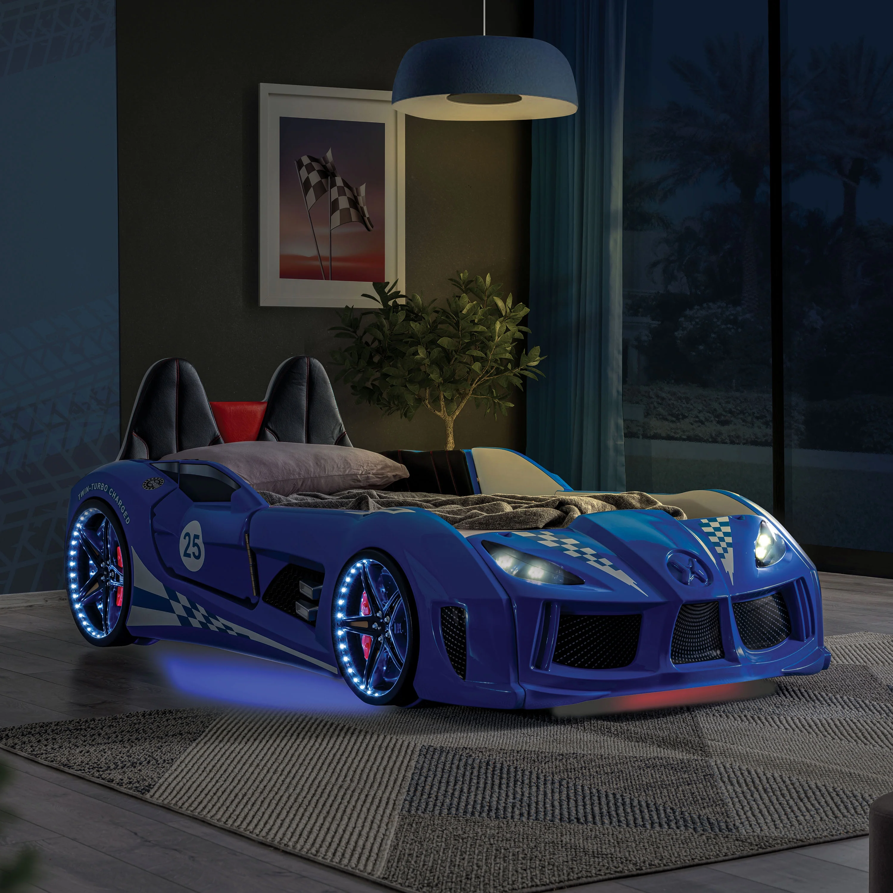 Furniture of America Dash Kids Plastic Twin Race Car Bed with LED and Sound, White