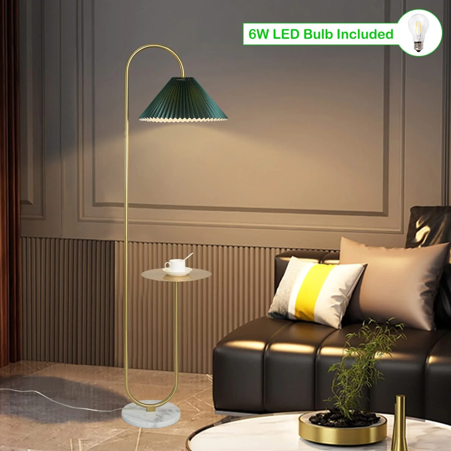 Modern Elegant with Tray Floor Lamp for Office Cafe Den Living Room Bedroom, Foot Switch and Brass/Gold Finish,Light Yellow Pleated Cloth Lampshade