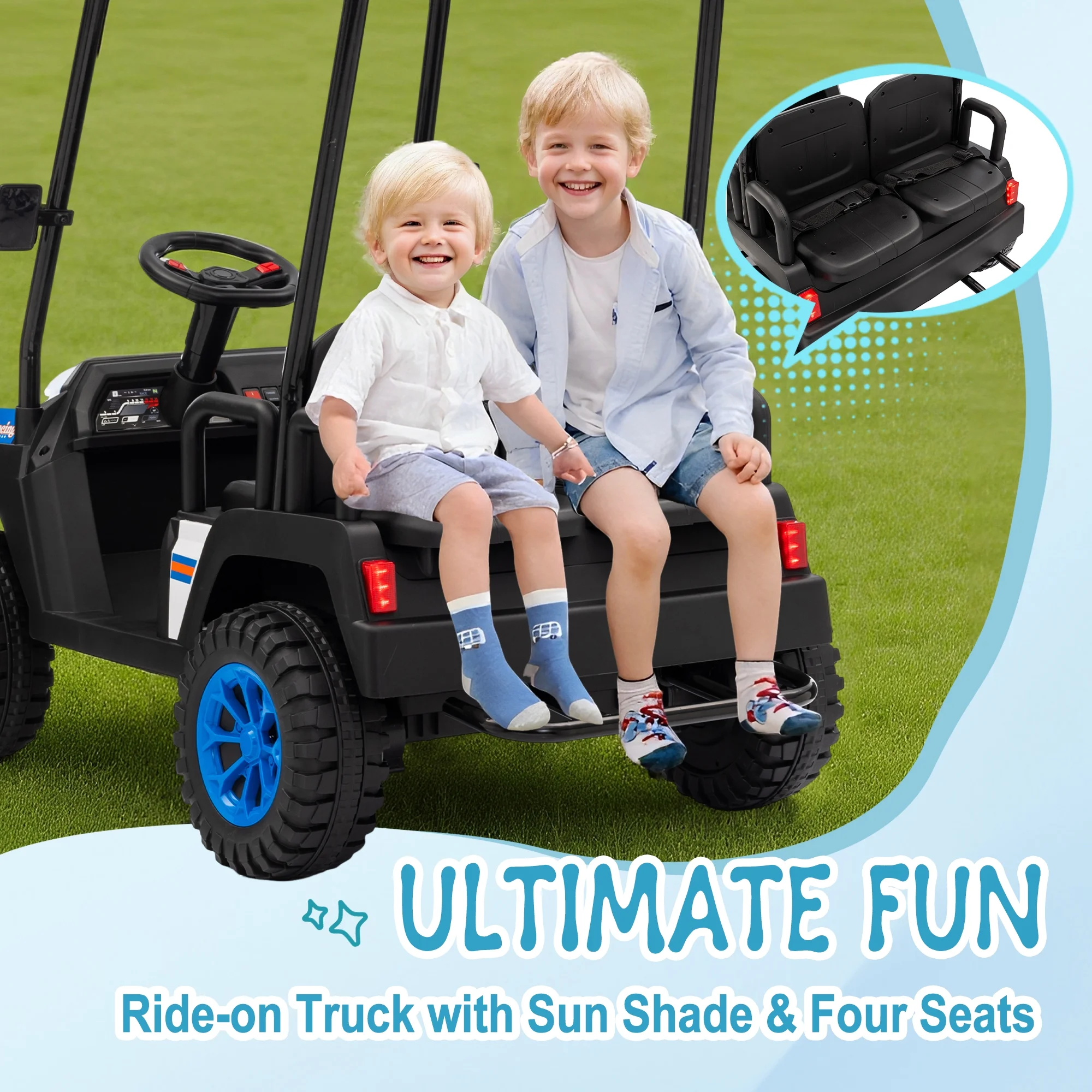 24V XL Kids Ride on Golf Cart, Electric Car w/Remote Control, Detachable Awning, 4 Seats, 3 Speeds, LED Lights, Spring Suspension, Bluetooth, Audio, Blue