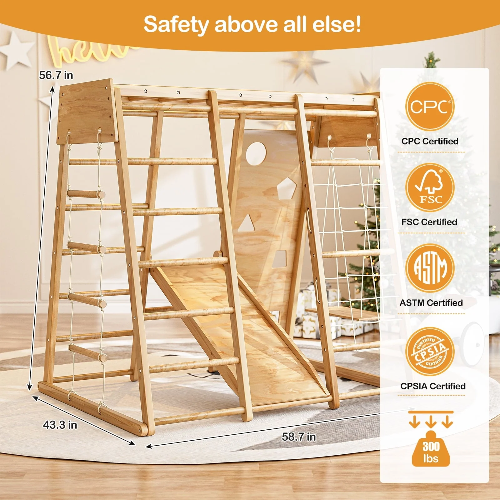 GIKPAL 8-in-1  Wooden Indoor Kids Playground Jungle Gym with Slide, Toddlers Wooden Climber with Slide Playset, Wooden Rock Climbing Wall with Rope Wall Climb, Monkey Bars, and Swing for Kids