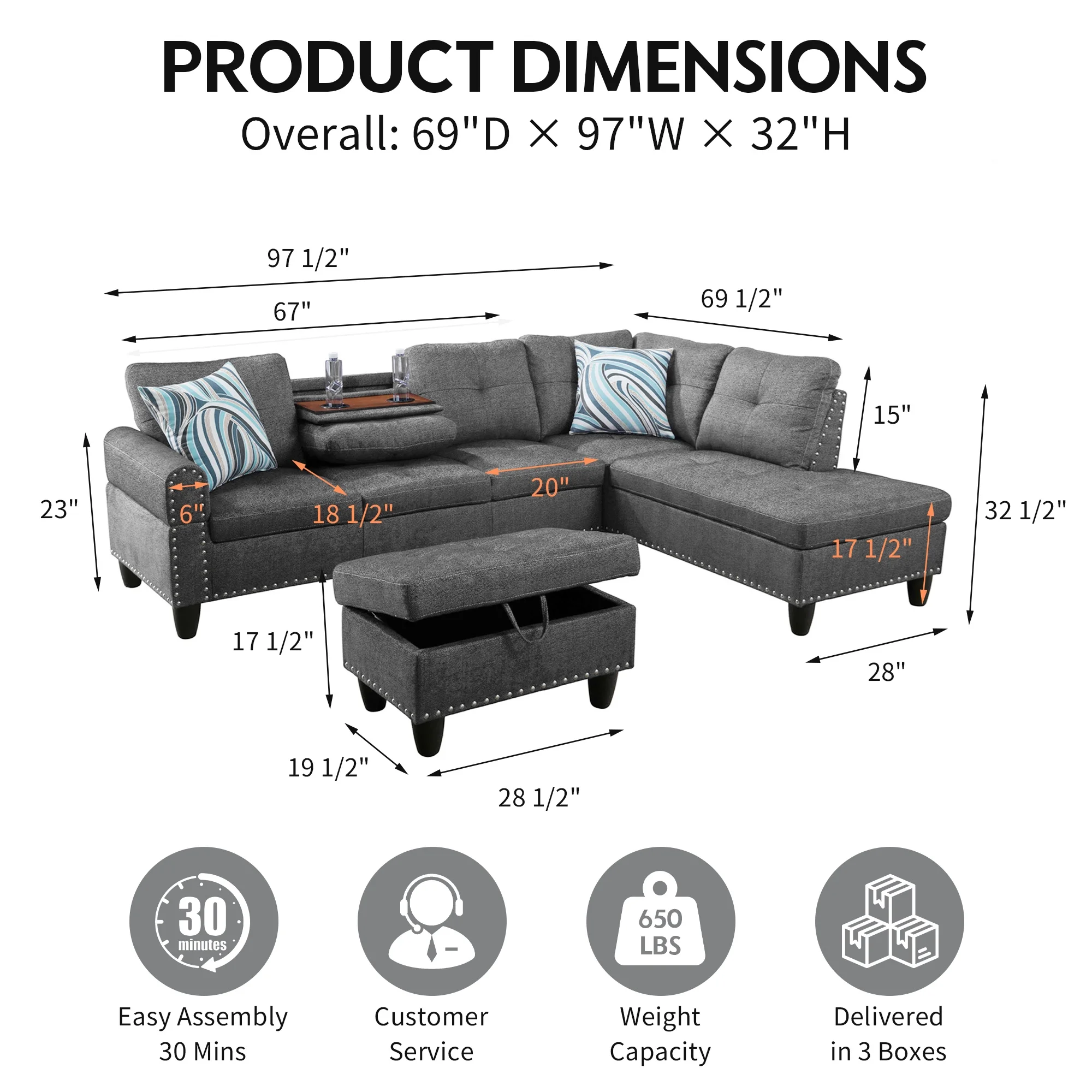 Aukfa 3 Piece Sectional Sofa, Living Room Couch with Storage Ottoman&Cup Holder, Linen, Left Hand, Black Gray