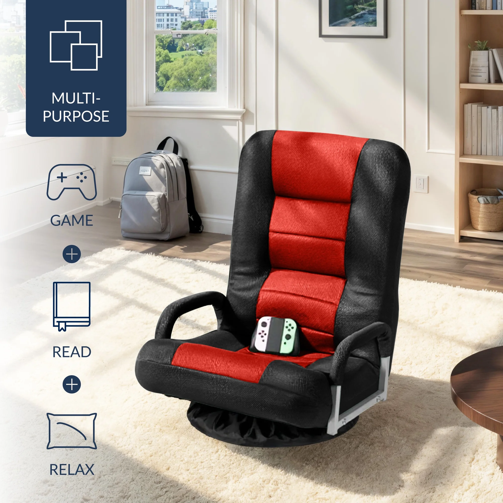 Best Choice Products 360-Degree Swivel Gaming Floor Chair w/ Armrest Handles, Foldable Adjustable Backrest - Black/Red