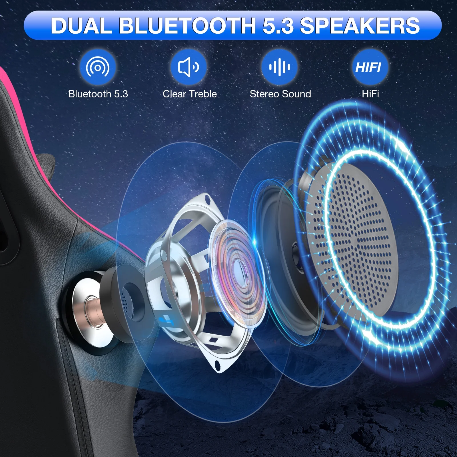 Hoffree Gaming Chair with Speakers PU Gamer Chair with footrest and massage Egonomic Computer Game Chair with Headrest and Lumbar Support for Adults and Office Gaming, 440 LBS