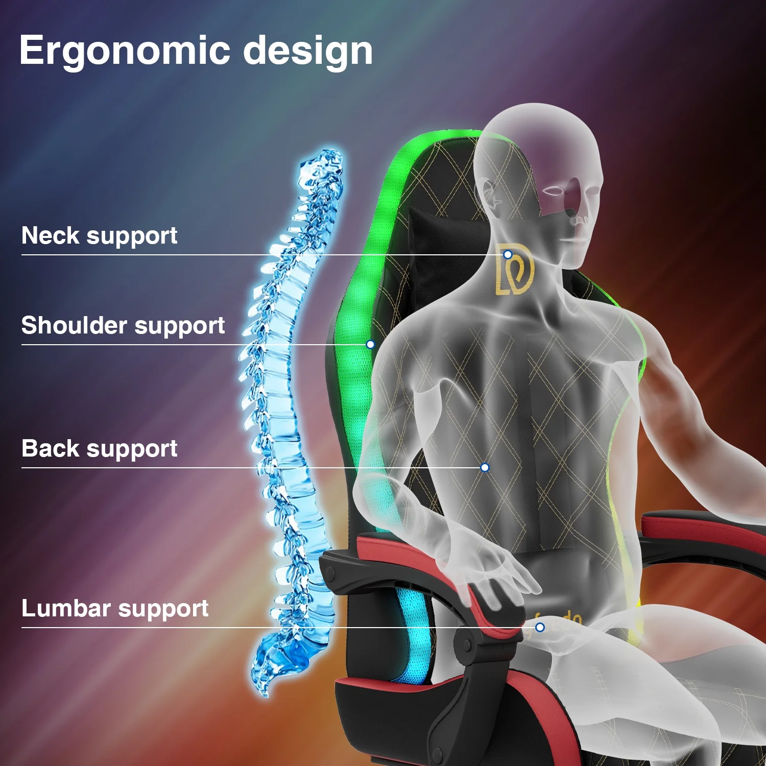 Dryfeedo Gaming Chair with LED Lights, Ergonomic Computer Chair with Lumbar Support, Adjustable Headrest & Footrest, Green