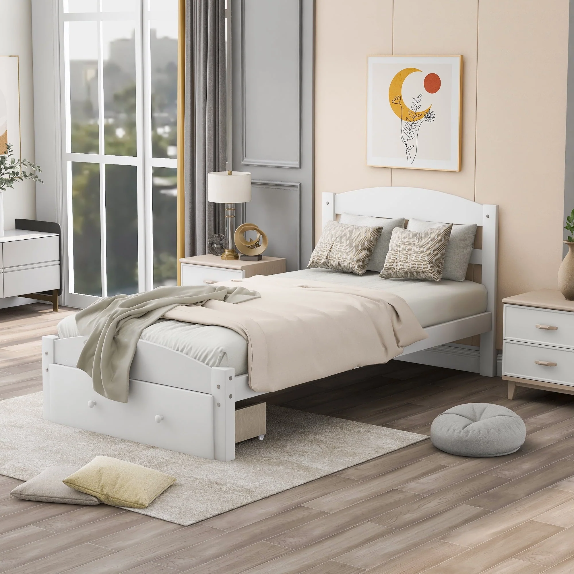 Twin Bed for Kids with Storage Drawer, Upgrade Pine Wood Bed Frame with Headboard and Footboard, Modern Kids Bed Furniture for Bedroom, Holds 275 lb, No Box Spring Needed, White