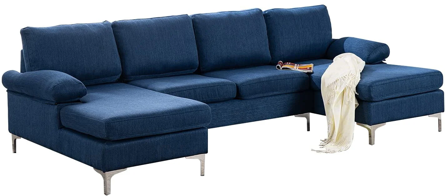 Hommow Linen U-Shape Sectional Sofa, Fabric Couch for Living Room Apartment, Blue