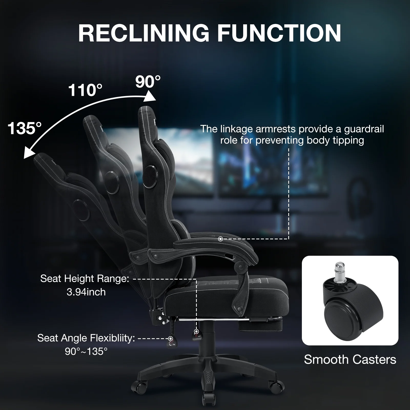 Hoffree Gaming Chair with Speakers Fabric Gamer Chair with footrest and massage Big and Tall Video Game Chair with Headrest and Lumbar Support for Adults
