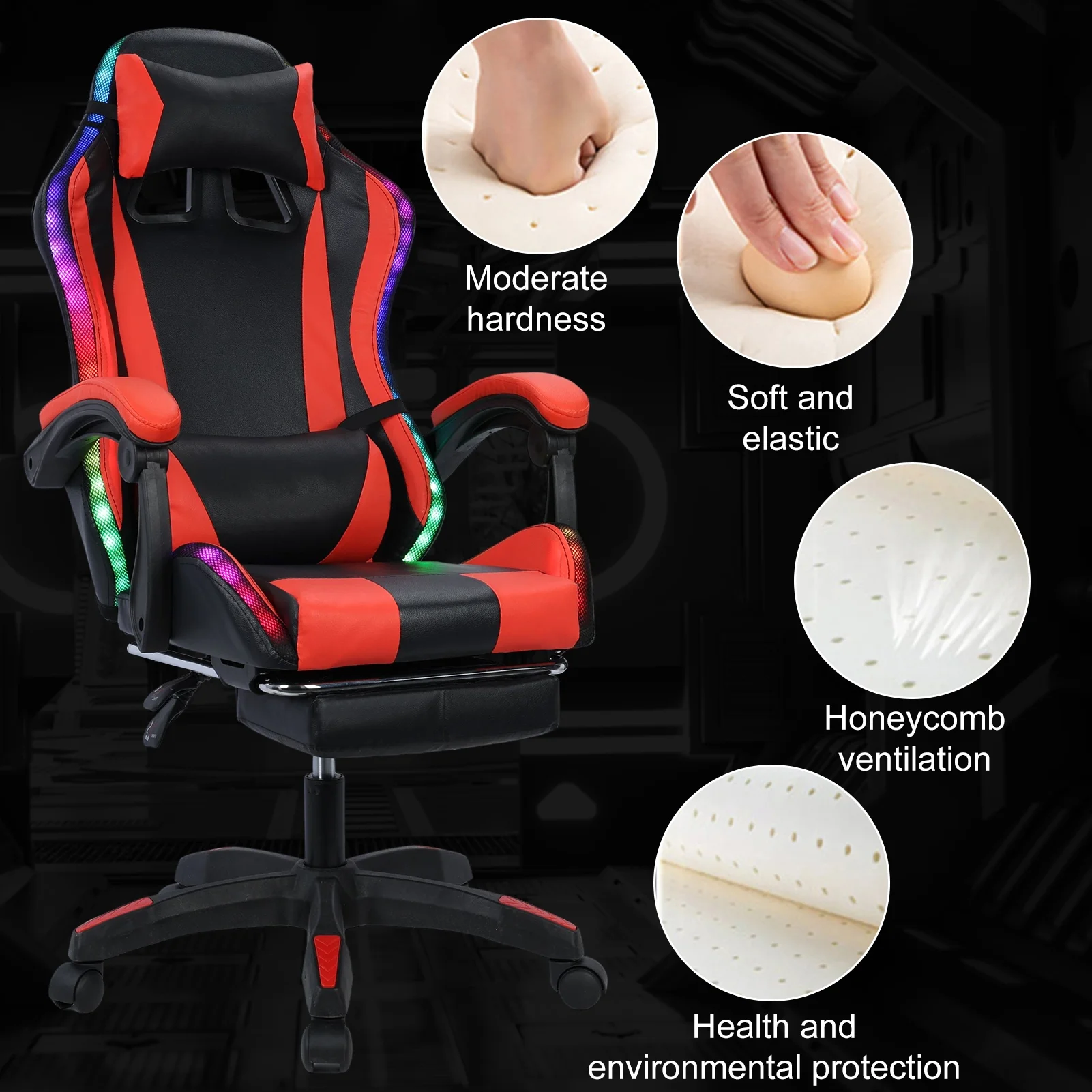 WETS Gaming Chair with Bluetooth Speakers Office Chair with Footrest and LED Lights Ergonomic Gaming Chairs High Back with Headrest Adjustable Swivel for Home Office,397lb