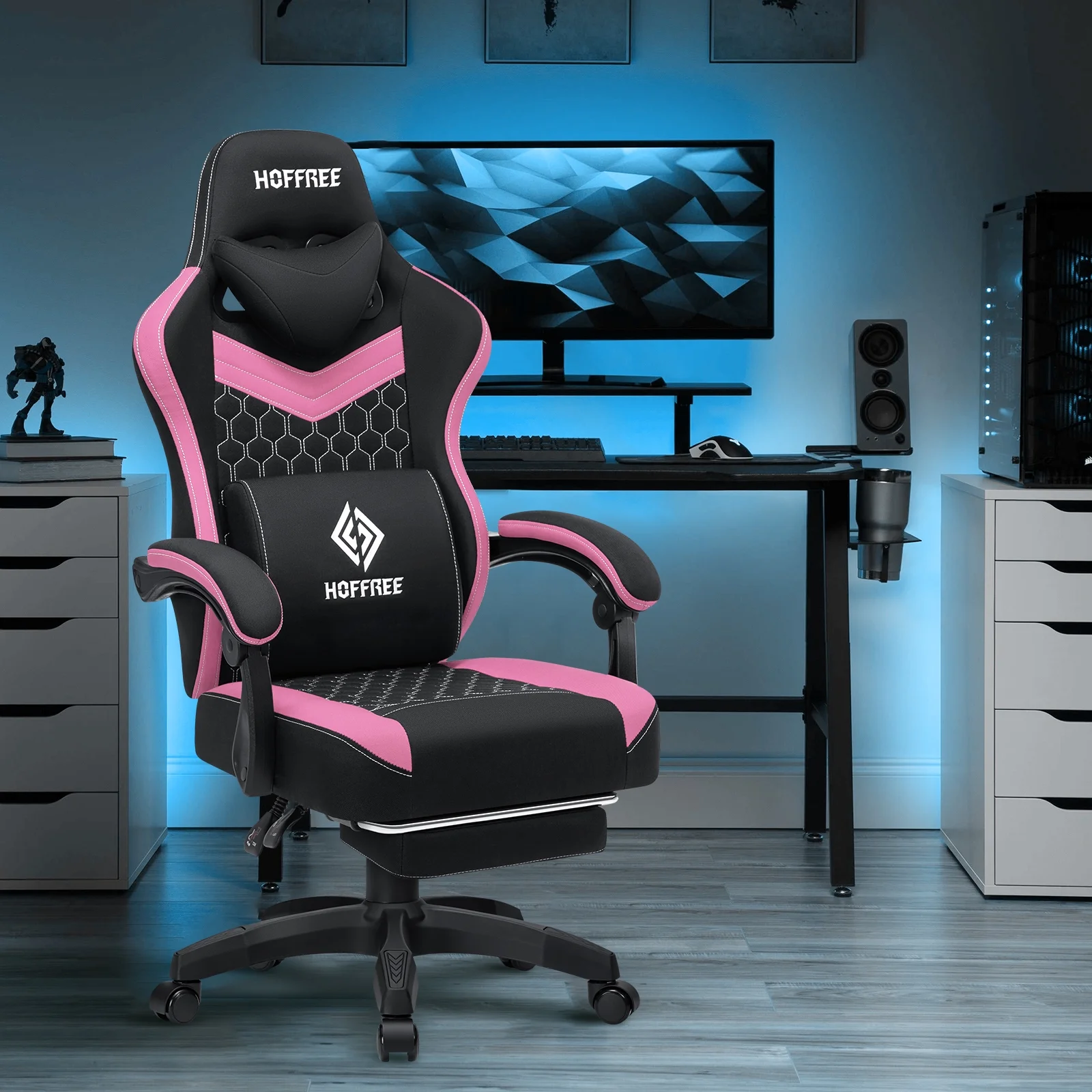 Hoffree Gaming Chair with Speakers Fabric Gamer Chair with footrest and massage Big and Tall Video Game Chair with Headrest and Lumbar Support for Adults