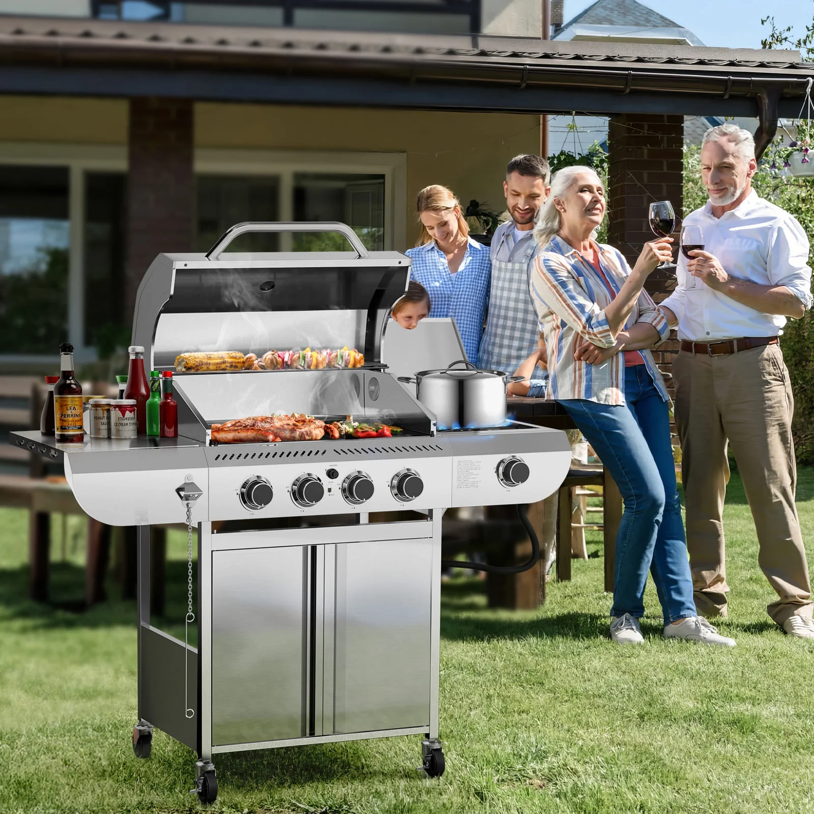 LHRIVER Stainless Steel 4 Burner Propane Gas Grill with Side Burner, Portable Outdoor Barbecue Grill, 45,000 BTU