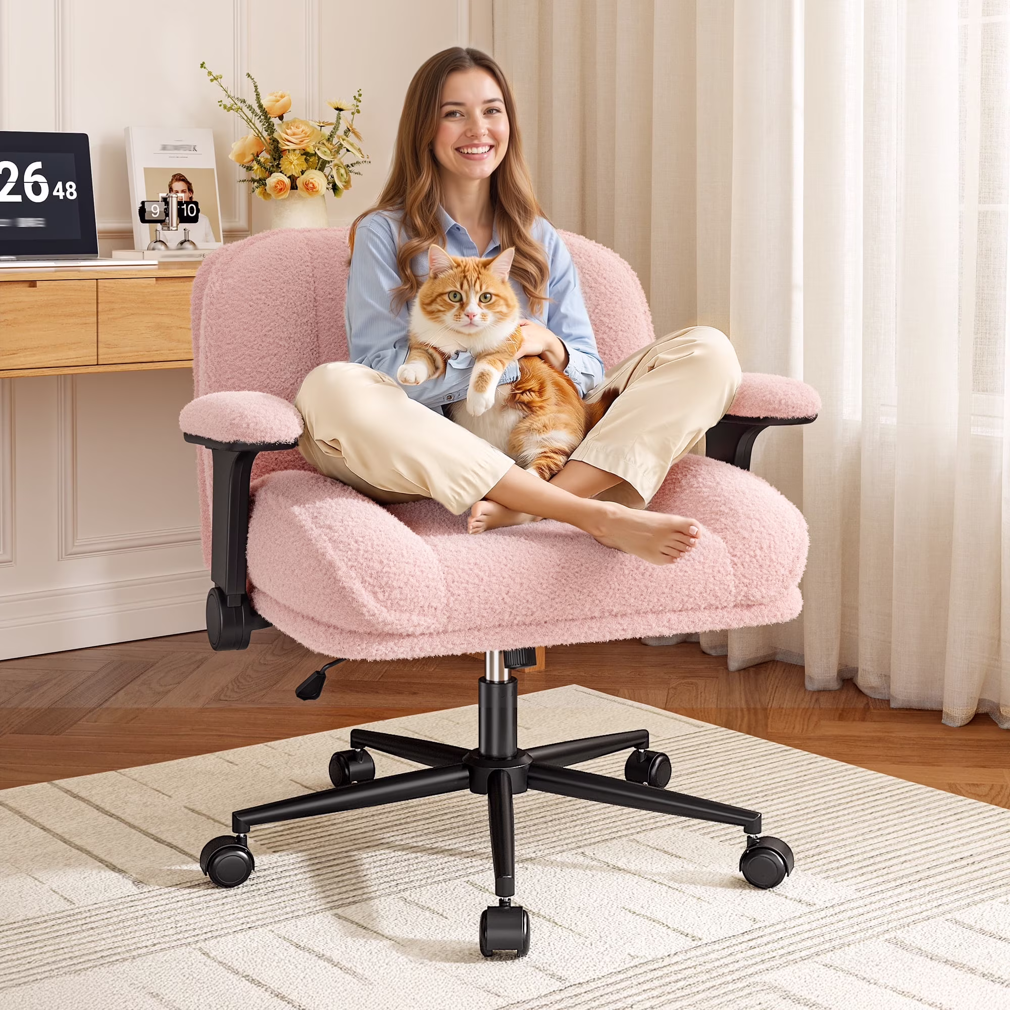 Romorgniz Criss Cross Chair with Adjustable Arms & Lumbar Support Office Chair with Reclining Back, Thick Cushion & Wheels for Office, Gaming, Reading, Vanity, Off-White