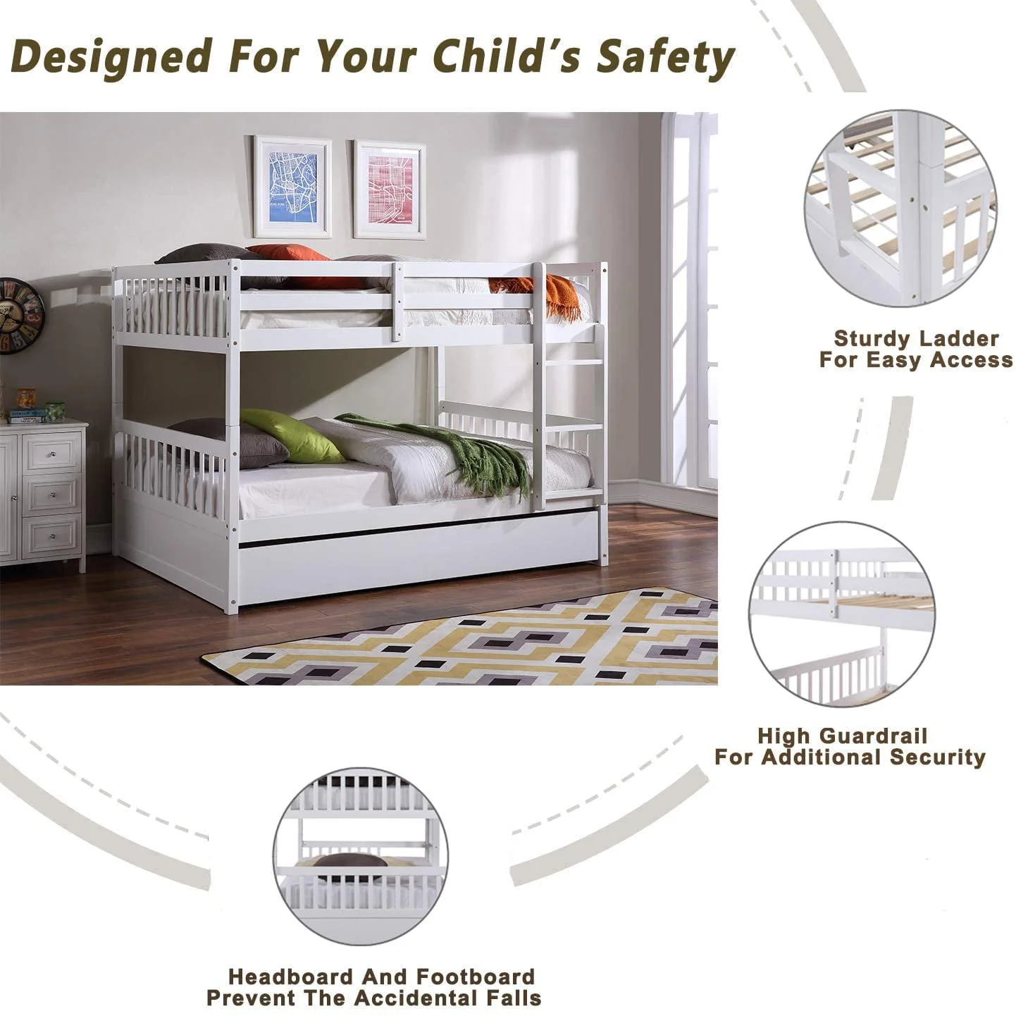 Full Over Full Bunk Bed with Trundle for Kids, Convertible to 2 Full Size Platform Bed, Wood Full Bunkbed with Full-Length Safety Guard Rail and Ladders, White