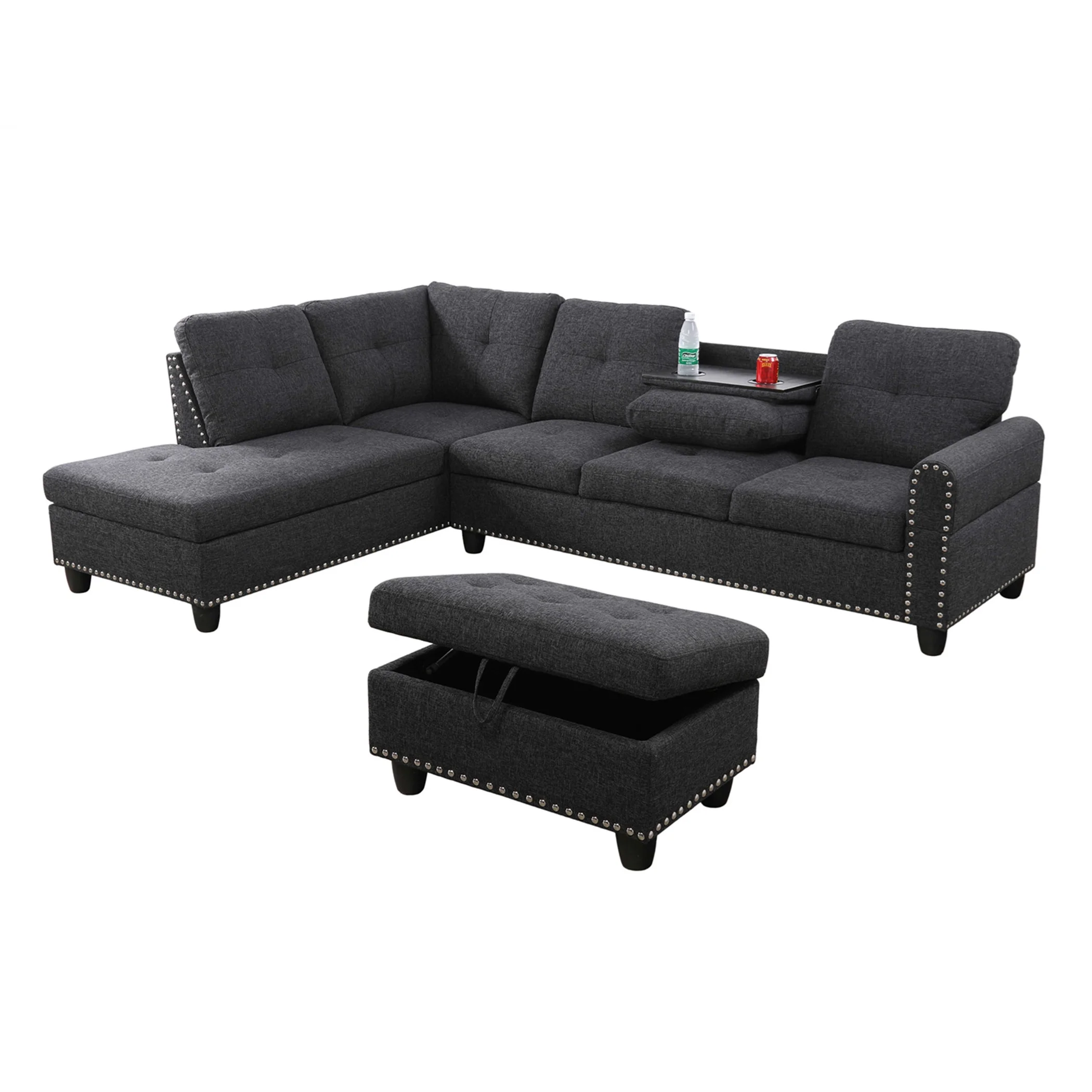 Aukfa 3 Piece Sectional Sofa, Living Room Couch with Storage Ottoman&Cup Holder, Linen, Left Hand, Black Gray