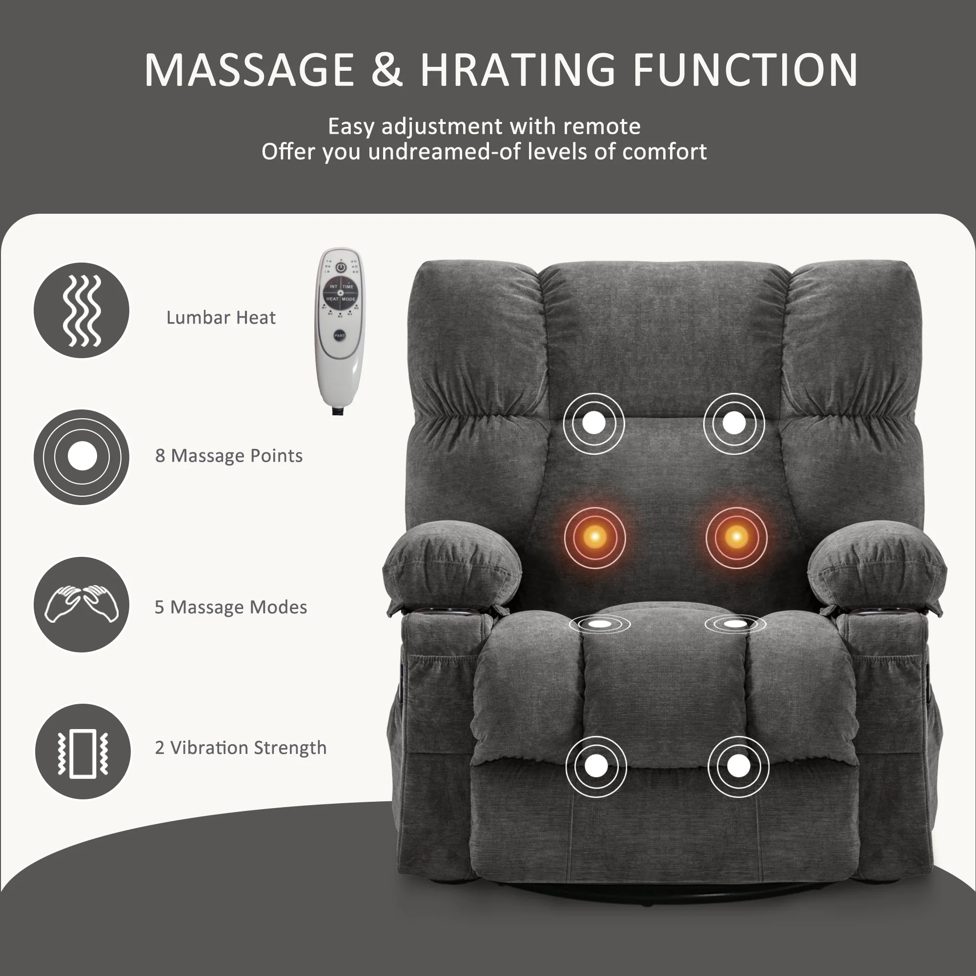 JONPONY Manual Recliner Chair with Heat Therapy and Massage Function, Heavy Duty Reclining Mechanism Massage Chair, Elderly Single Rocker Sofa with Cup Holders for Bedroom Home Theater,Grey