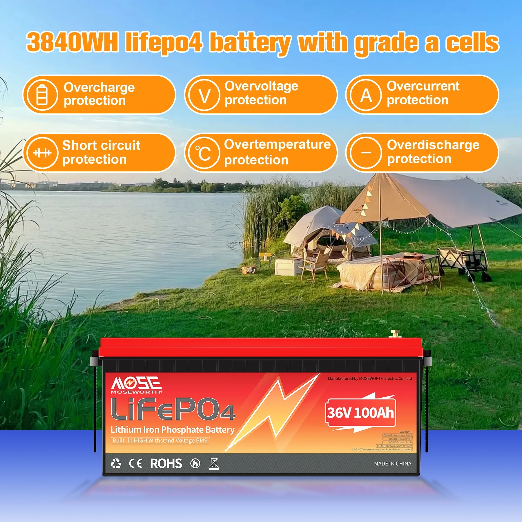 36V 100Ah LiFePO4 Golf Cart Battery,Built in 200A BMS,MOSEWORTH Lithium Batteries for RV,Marine,Van,Solar,Camping,Trolling Motor