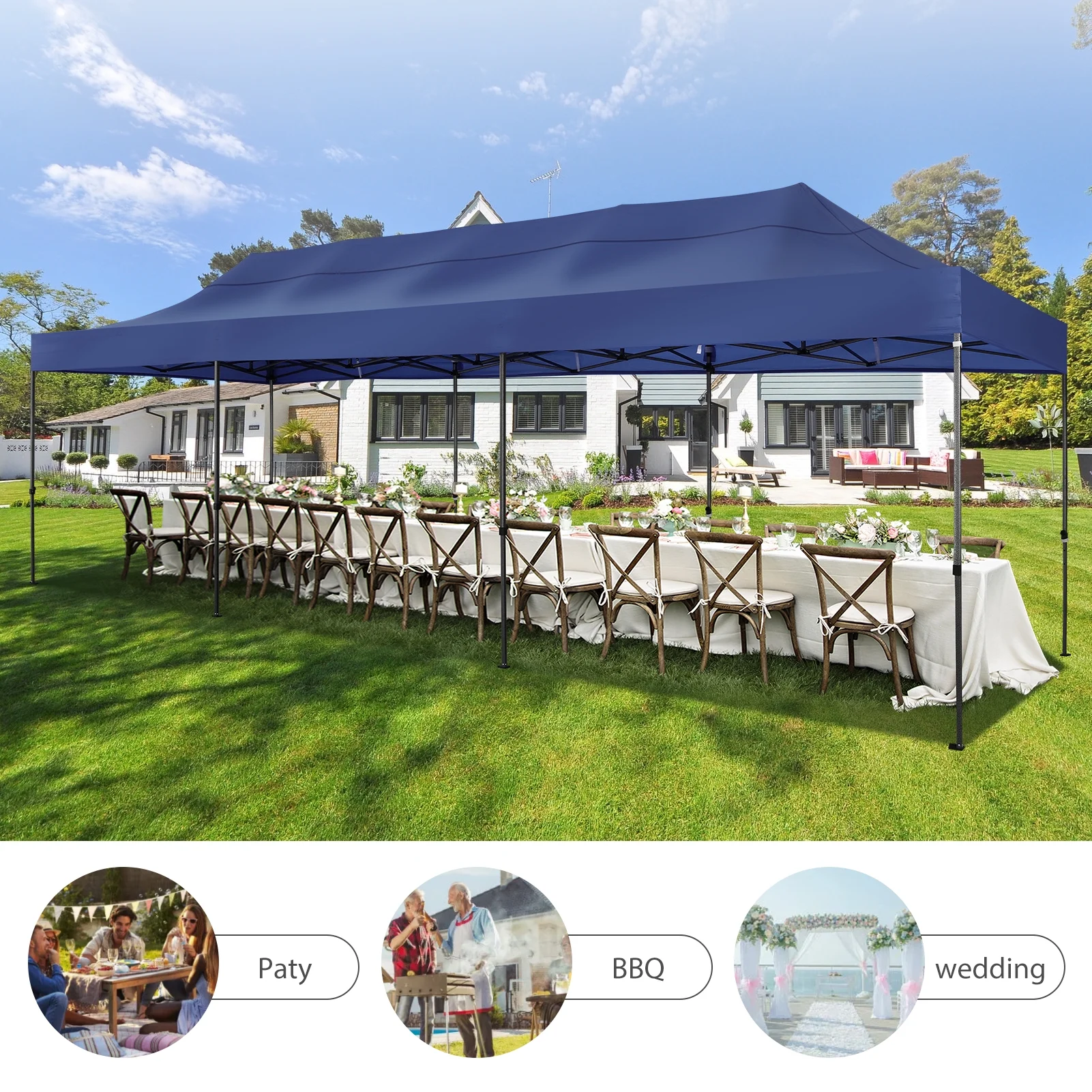 SANOPY 10'x30' Canopy Heavy Duty Pop Up Canopy Tent Outdoor Gazebo Shelter Portable Instant Commercial Wedding Party Tent with 8 Removable Sidewalls&3 Heigh Adjustable&Roller Bag,Dark Blue