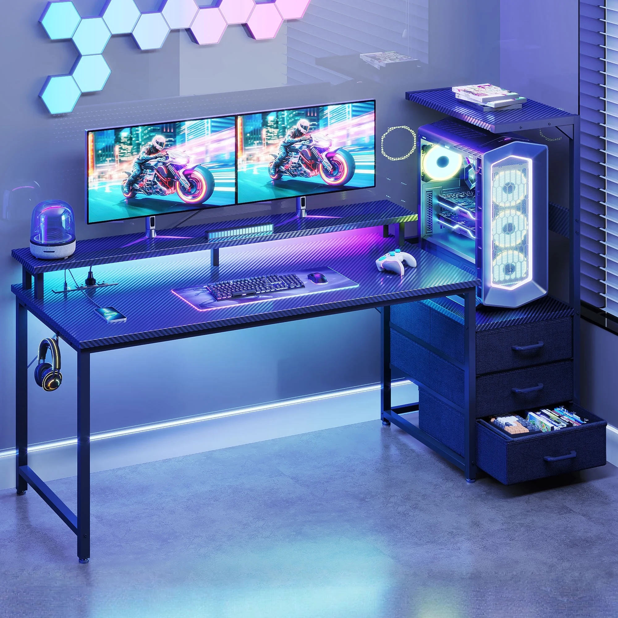 59 inch Gaming Desk with USB Charging Ports & LED Light- Reversible Computer Desk with Storage Shelves & Monitor Stand, Modern Gamer Desk Table with Fabric Drawers & Side Hook, Carbon Fiber Black