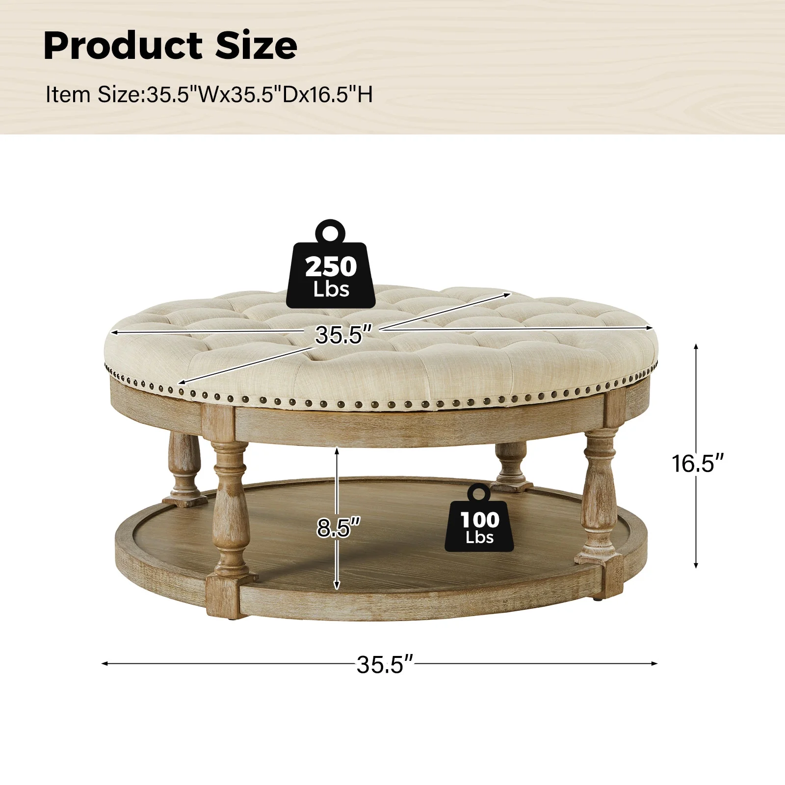 36'' Wide Blue Round Large Ottoman Tufted Coffee Table with Storage Wood Legs Home Living Room