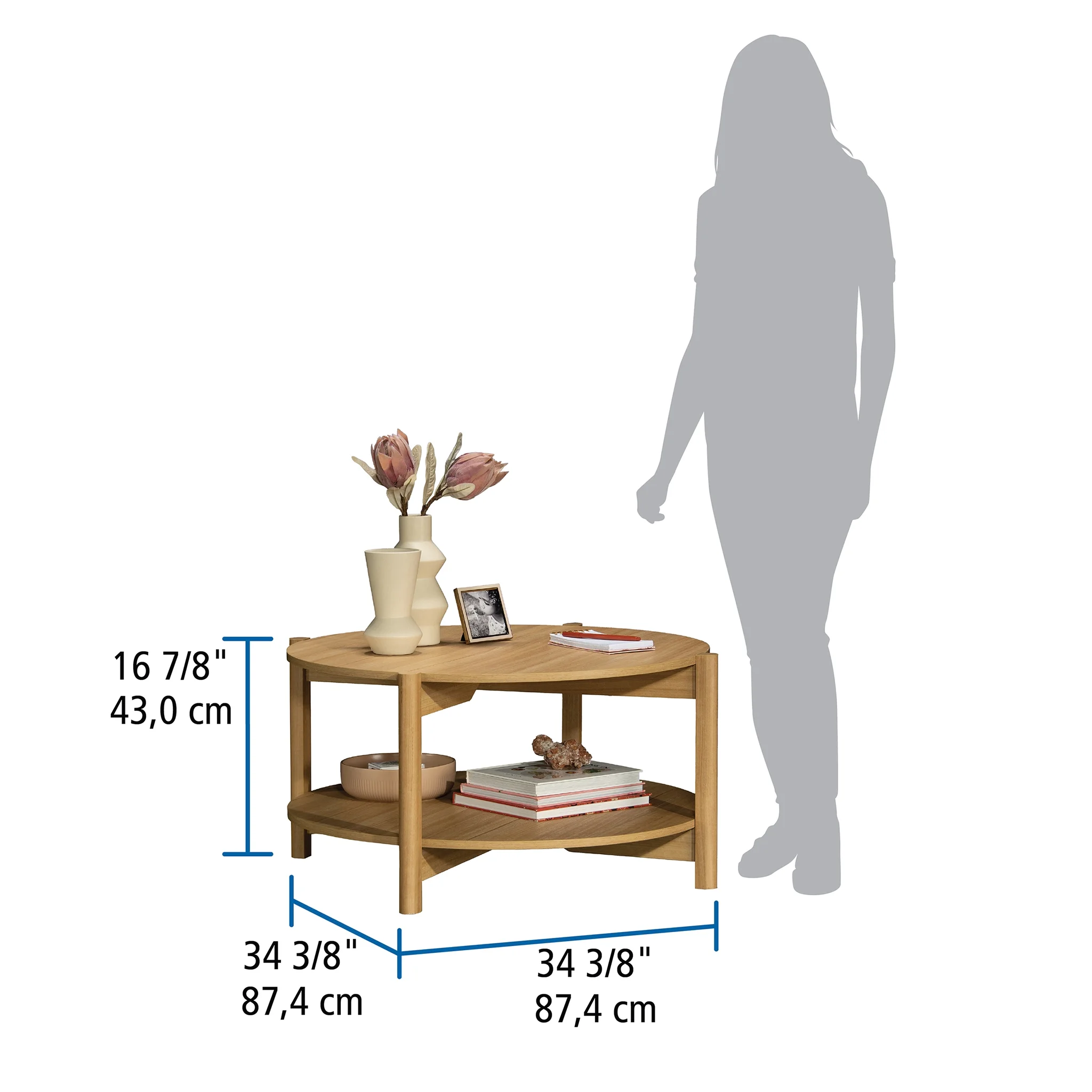 Mainstays Round Modern Dowel Coffee Table, Natural Teak Finish