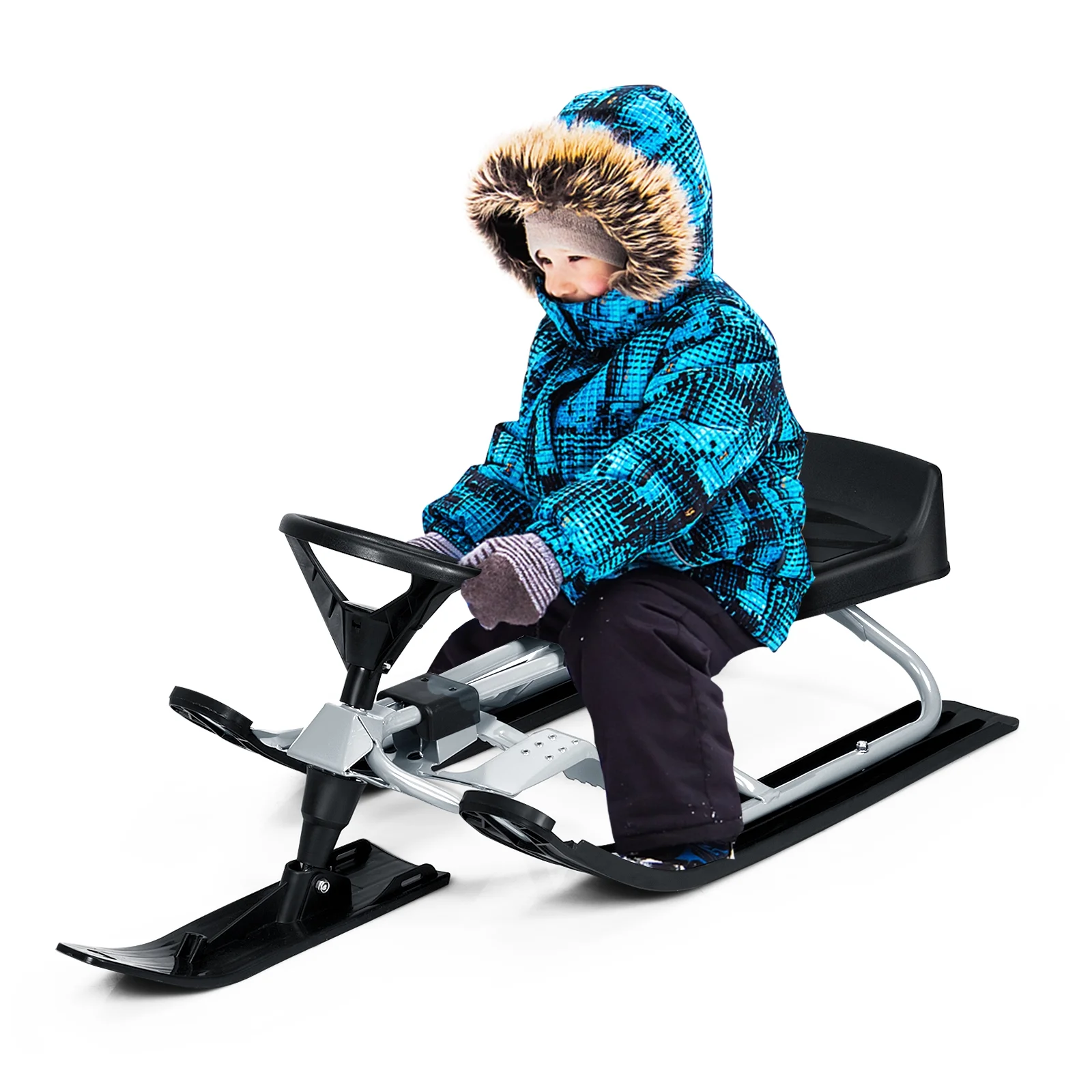 Costway Kids Snow Racer Sled w/ Steering Wheel & Double Brakes Pull Rope Snow Slider