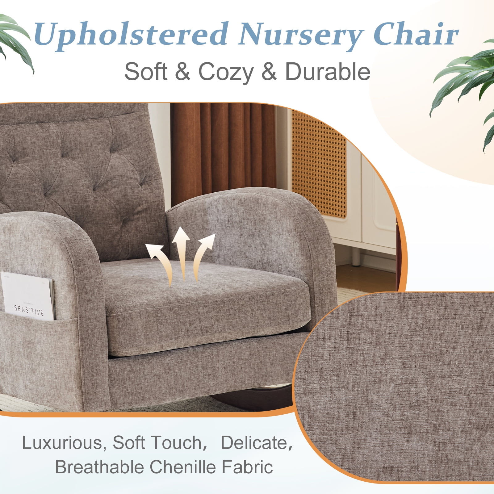 Ktaxon Rocking Accent Chair Glider Reading Chair Comfy Teddy Velvet Upholstered Single Sofa Rocker for Living Room, Nursery, Bedroom Beige