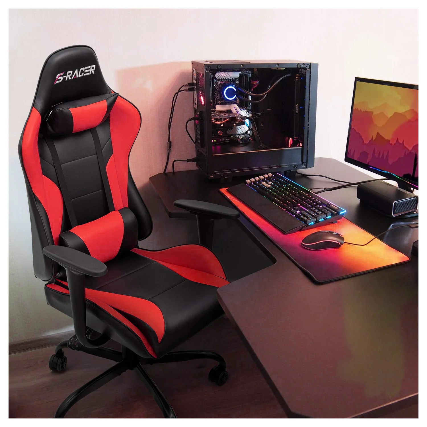 Lacoo Gaming Chair in Home Office PU Leather Reclining Gaming Chair Adjustable Adjustable Headrest and Lumbar Pillow, Red