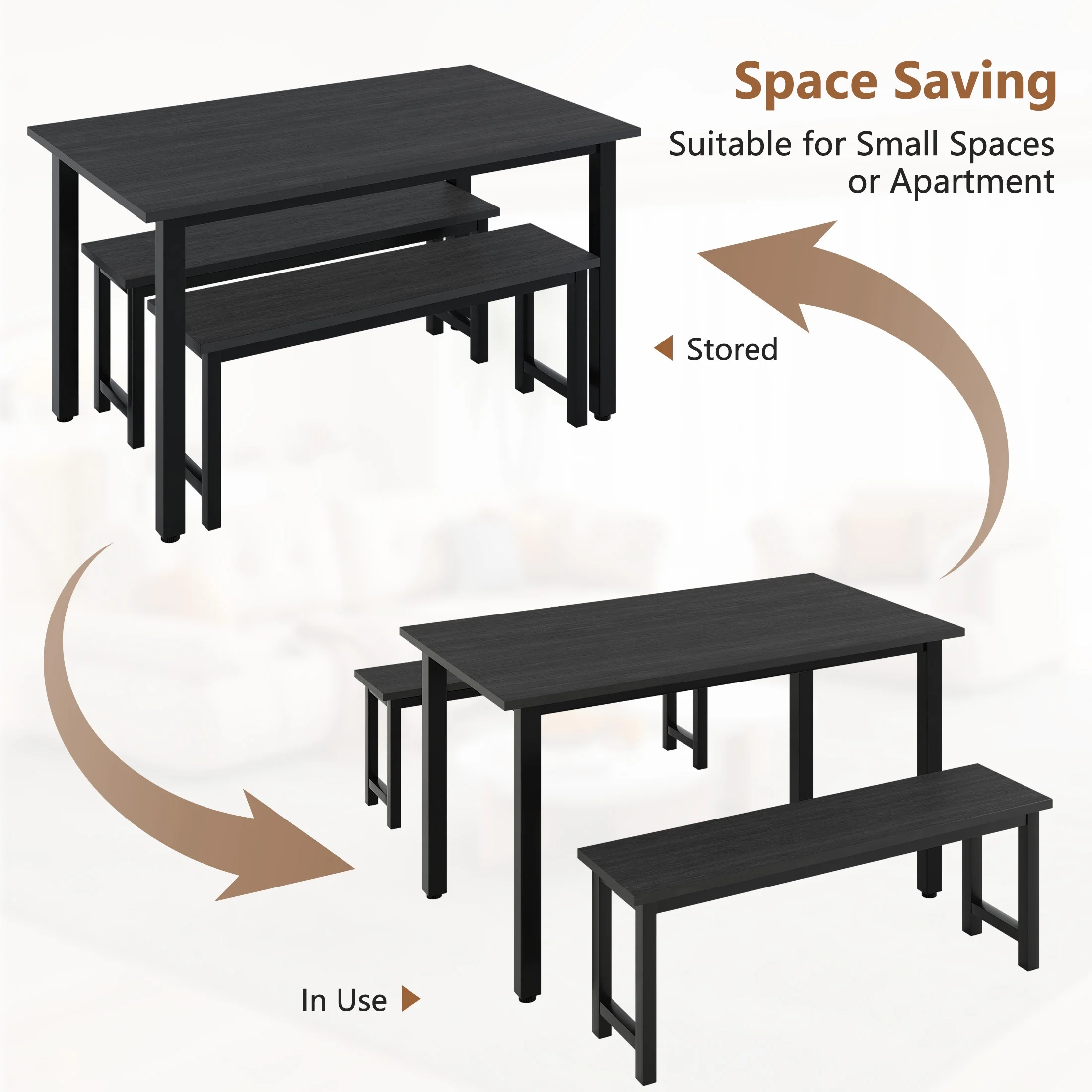 UHOMEPRO Dining Room Table Set, 3-Piece Dining Table Set with 2 Benches, Kitchen Table Set for 4 with Metal Frame, Modern Dining Room Set Furniture Set for Bar Dining Room Breakfast Nook, Black