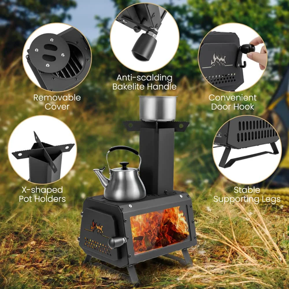 Spaco Portable Wood Camping Burning Stove Heater with 2 Cooking Positions, Portable Wood Burning Stove, Black