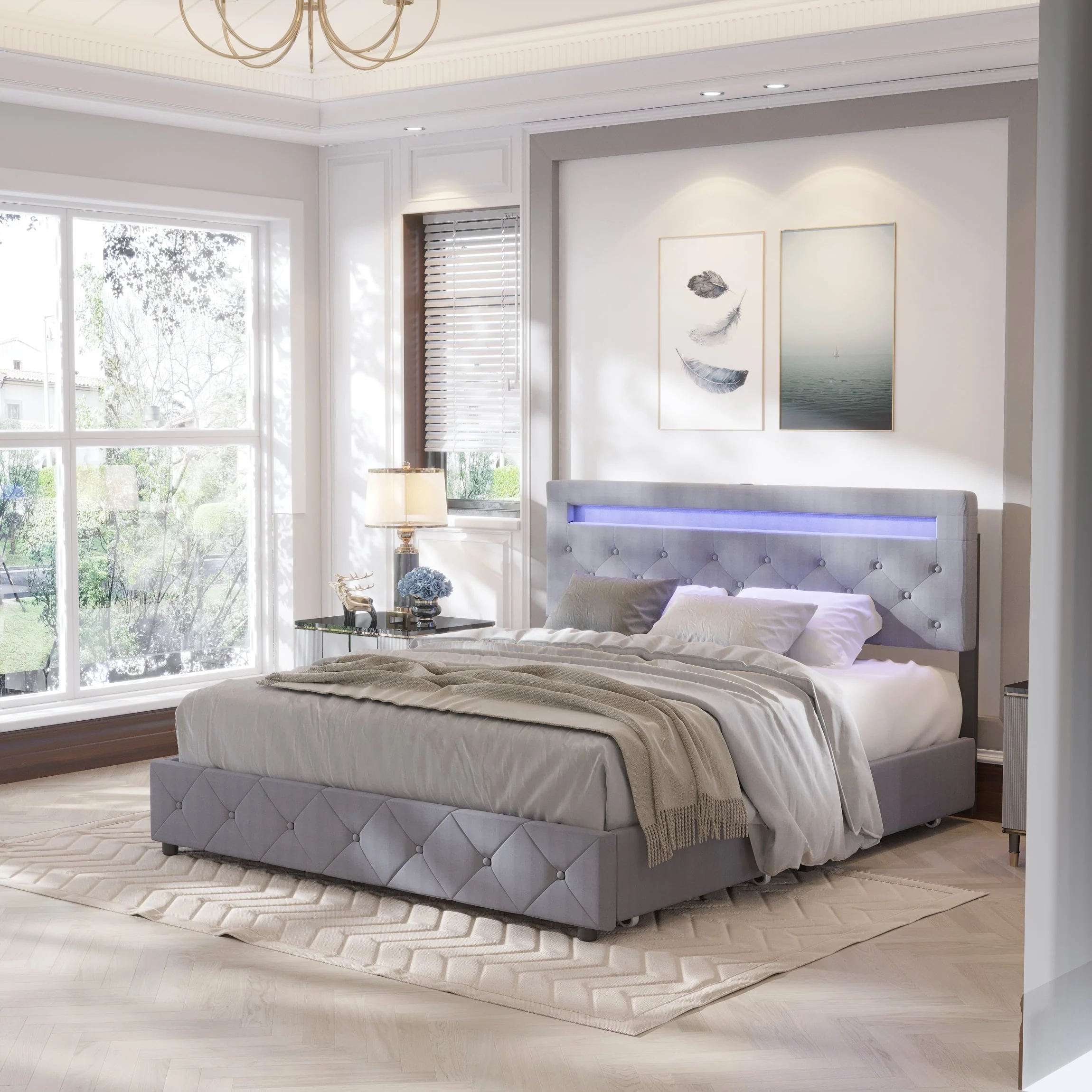 CAIDI QUEEN Size Bed Frame with LED Light Headboard, Upholstered Platform Bed with 4 Drawers, Adjustable LED Lights Headboard(Light Grey-QUEEN)