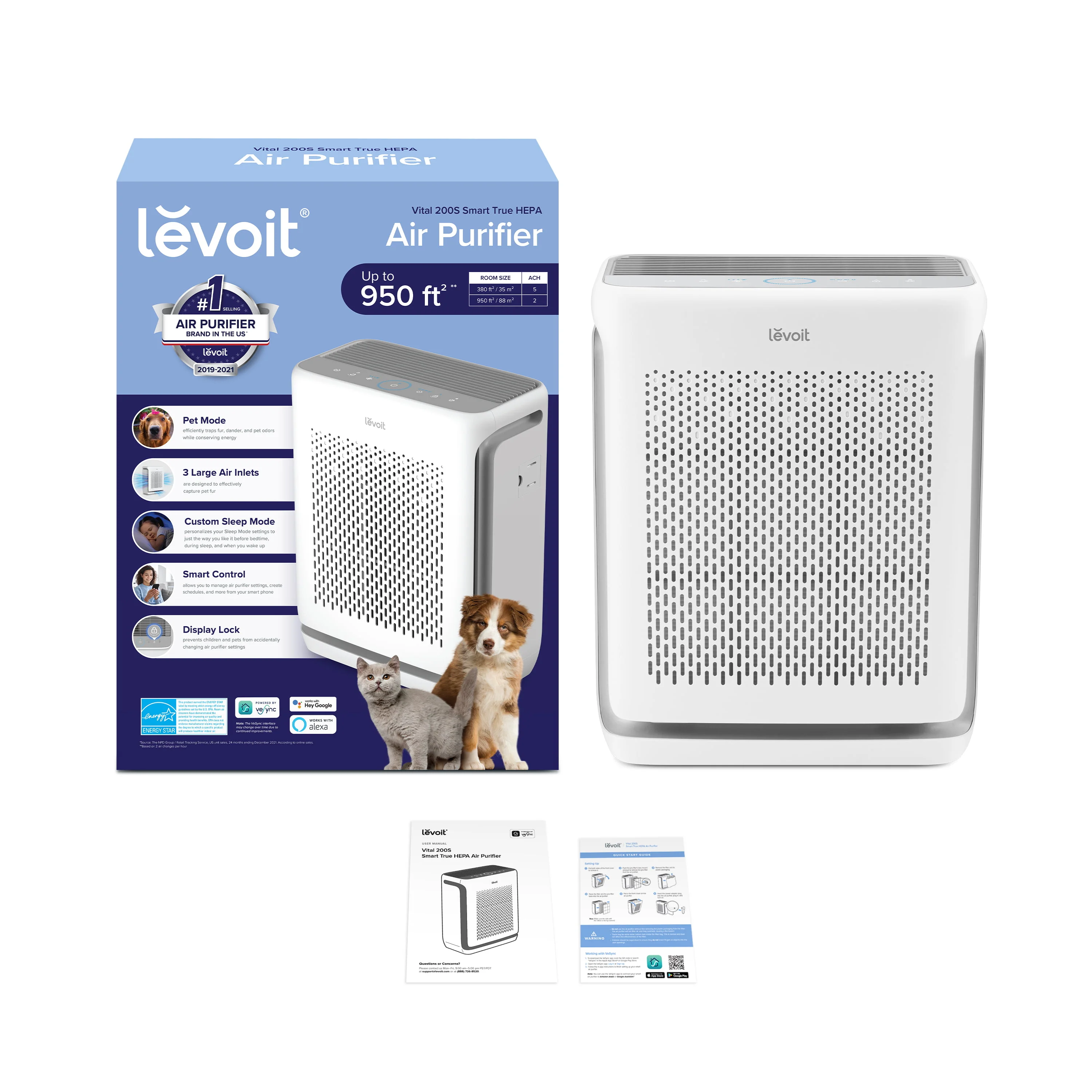 Levoit Vital 200S Smart True HEPA Air Purifier, Filters 0.3-Micron Airborne Particles, Traps Dust, Smoke, Odors, Pet Dander, Auto Mode, 380 sq ft Coverage