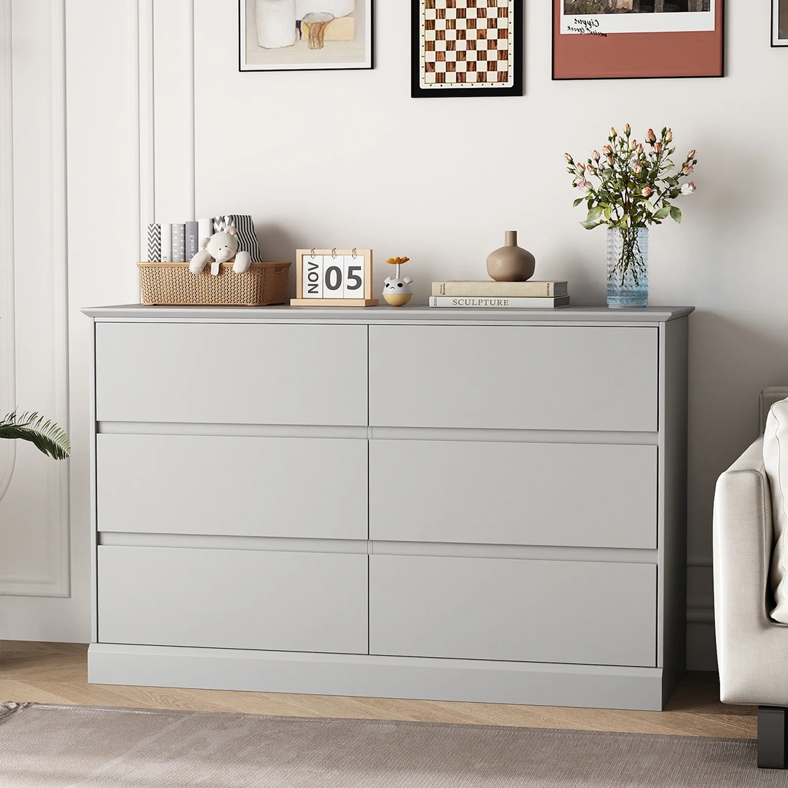 White Dressers Bedroom Dresser 6 Drawer Storage Chest of Drawers Double Dresser Storage Side Cabinet Room Furniture for Bedroom Living Room