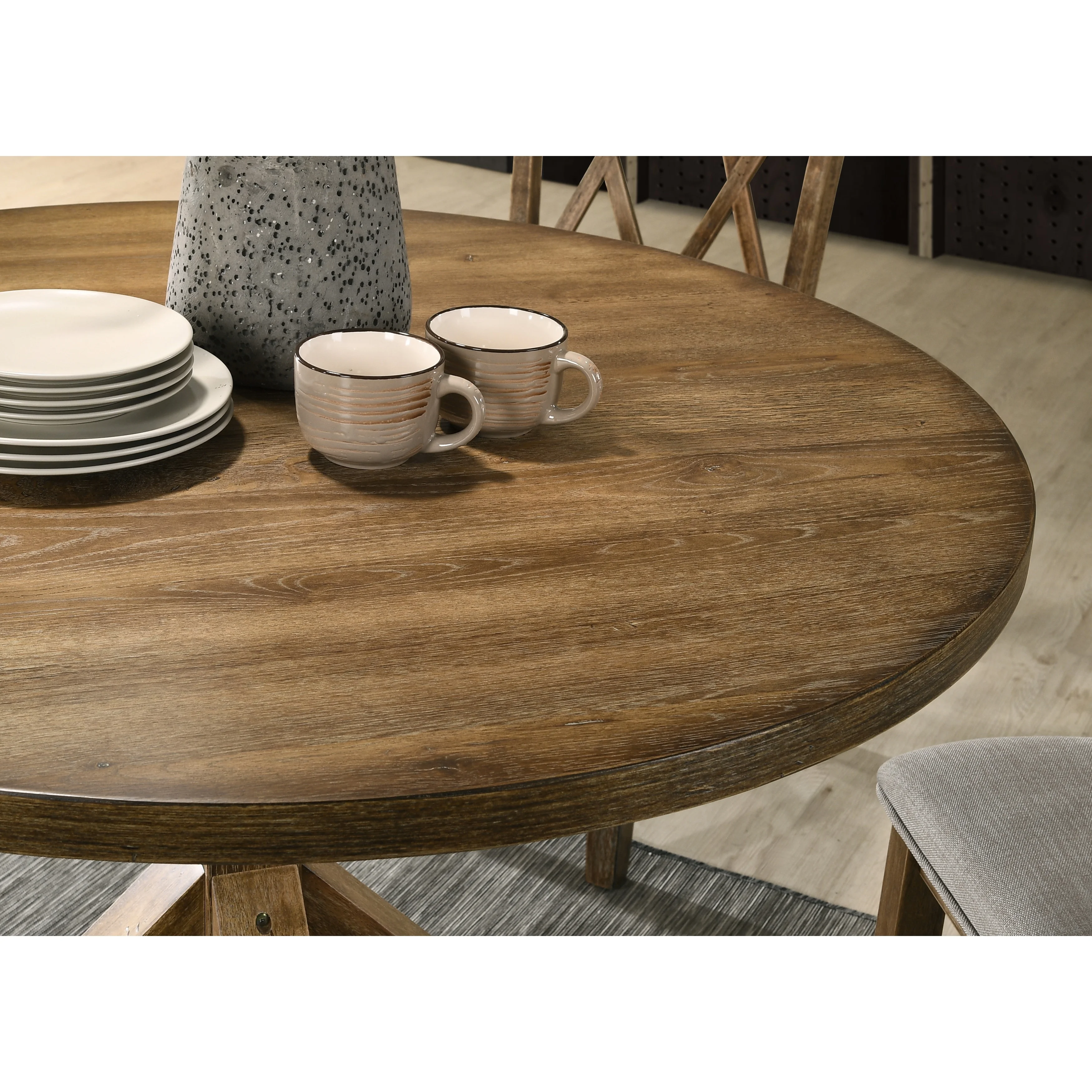 Roundhill Furniture Windvale 5-Piece Dining Set, Cross-Buck Round Table with 4 Stylish Chairs, Oak
