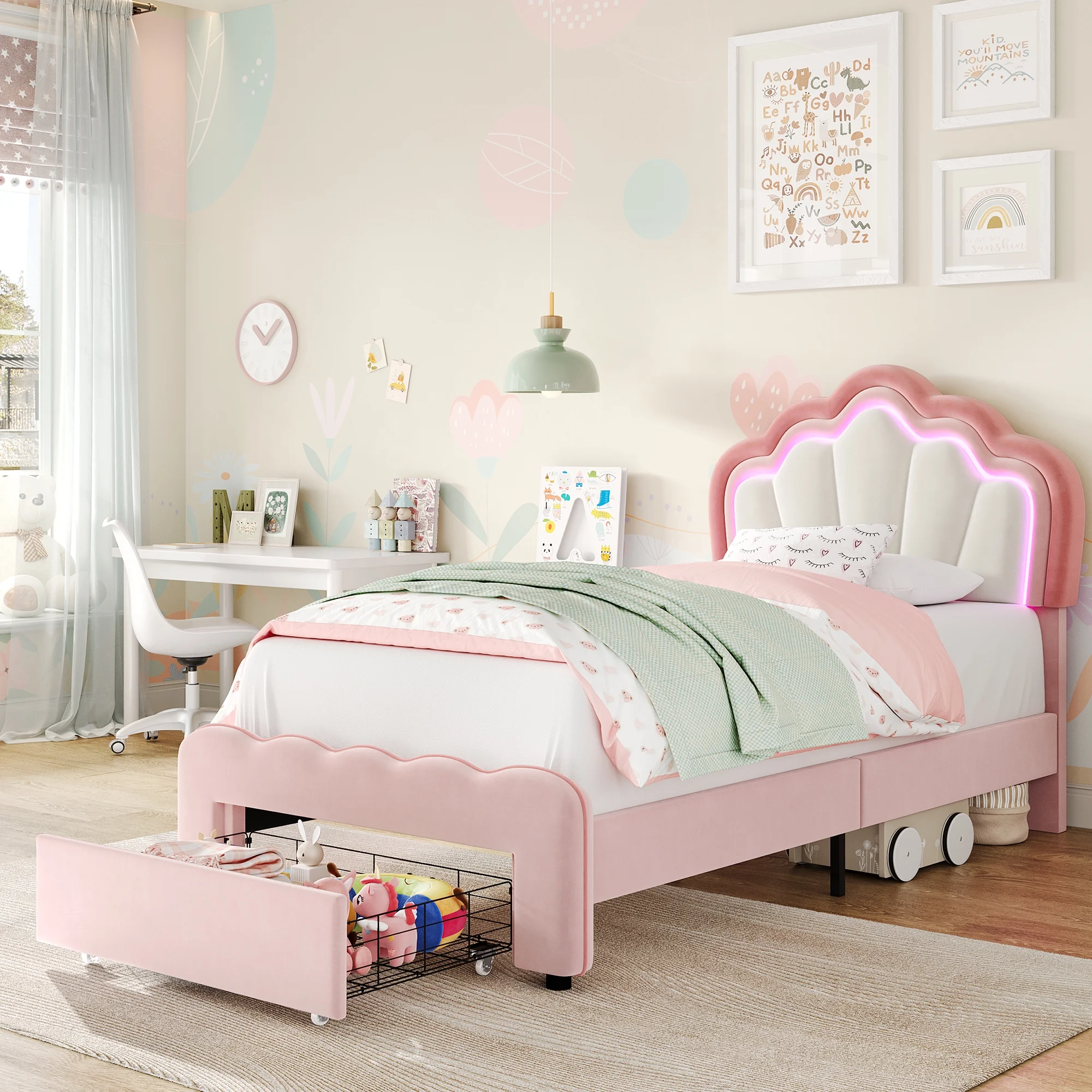 Homfa Twin Size LED Bed Frame with Storage Drawer, Velvet Upholstered Platform Bed with Adjustable Petal Headboard, Pink